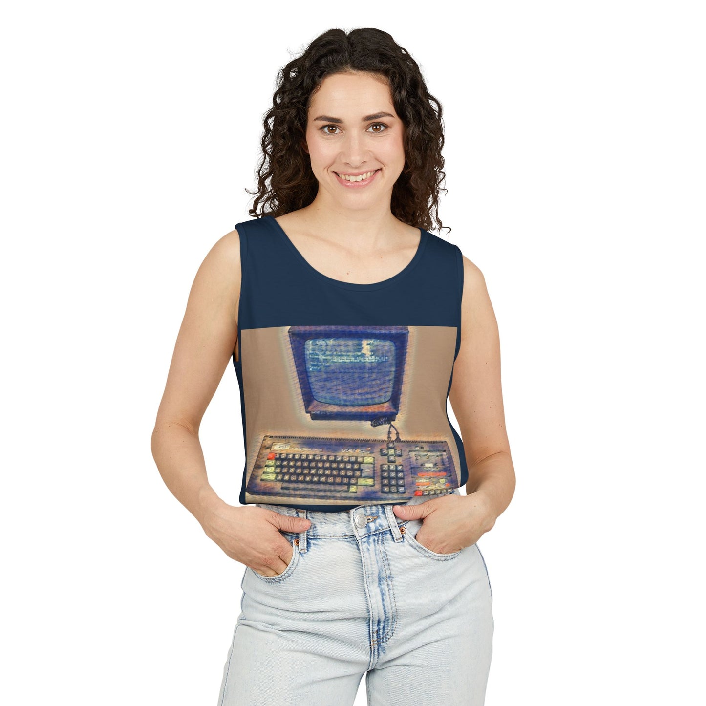 Classic 8 bit home computer inspired Tank Top | Sand Art Color | Unisex Retro Graphic Tee for Tech Lovers, Summer Fashion, Gift for Nerds, Festival Wear, 80s Style
