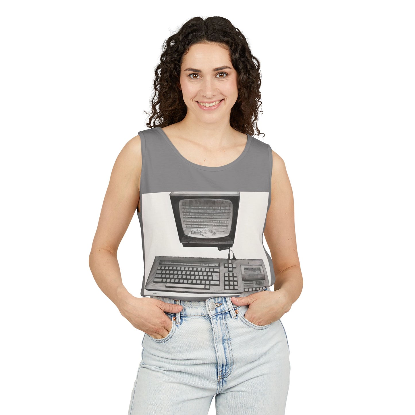 Classic 8 bit home computer inspired Tank Top | Monochrome Art | Unisex Retro Graphic Tee for Tech Lovers, Summer Fashion, Gift for Nerds, Festival Wear, 80s Style
