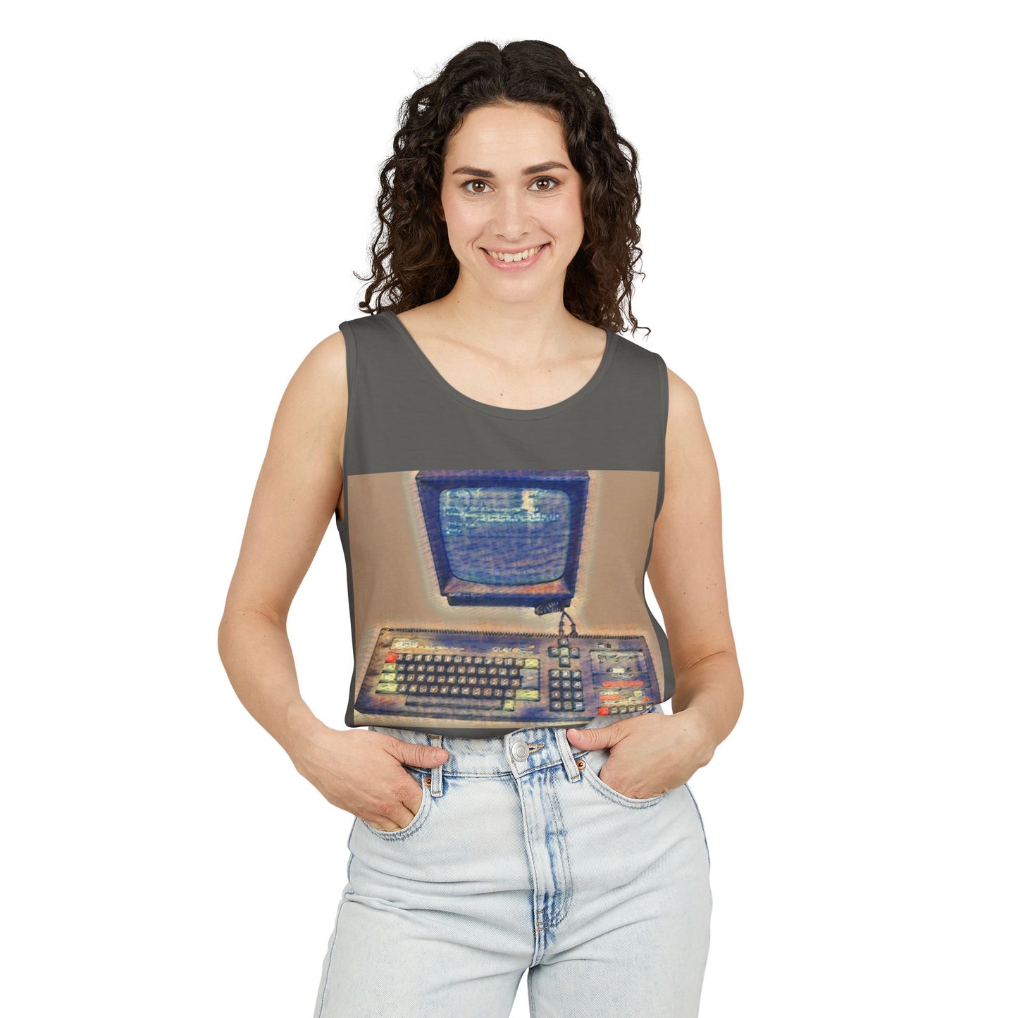 Classic 8 bit home computer inspired Tank Top | Sand Art Color | Unisex Retro Graphic Tee for Tech Lovers, Summer Fashion, Gift for Nerds, Festival Wear, 80s Style