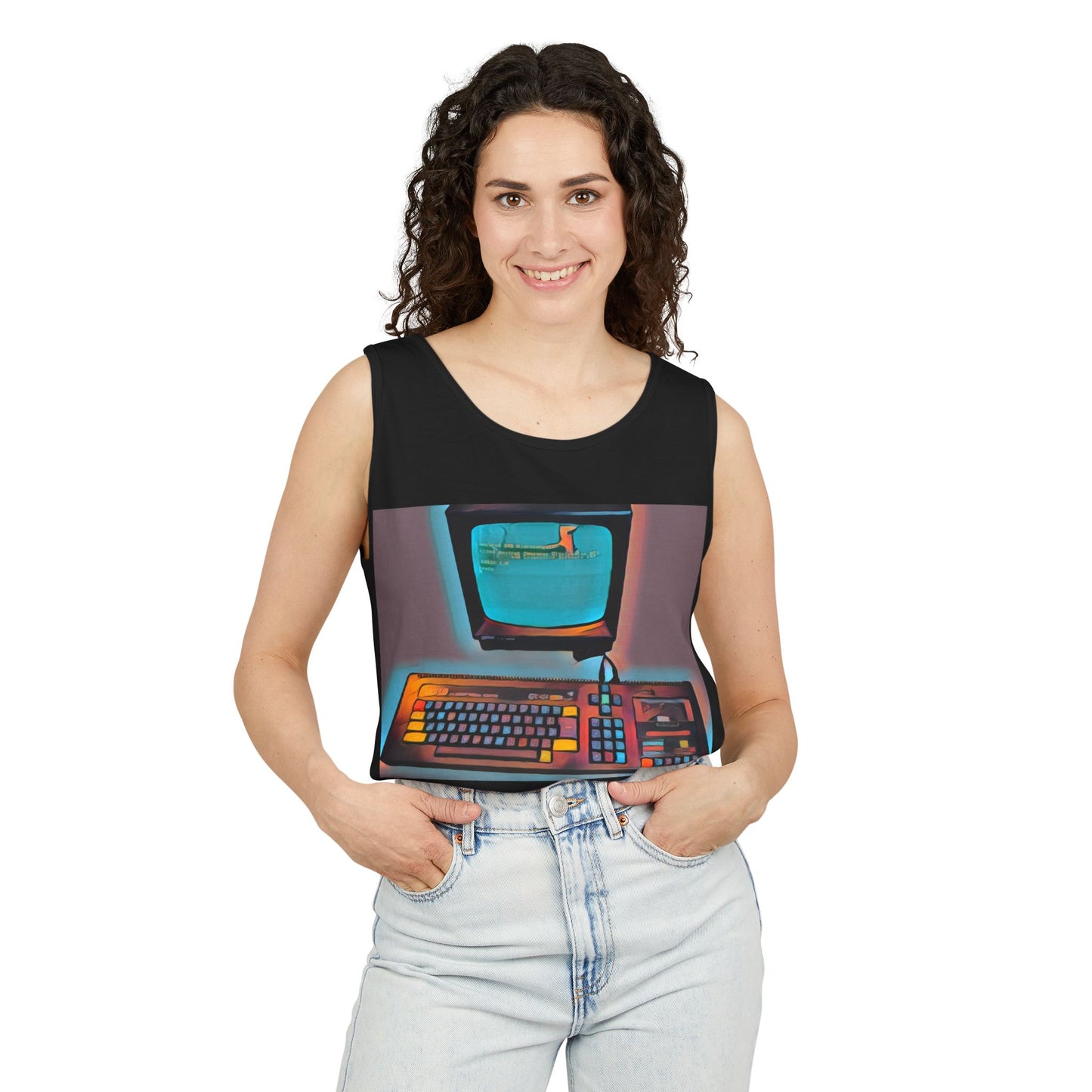 Classic 8 bit home computer inspired Tank Top | Print Art Color | Unisex Retro Graphic Tee for Tech Lovers, Summer Fashion, Gift for Nerds, Festival Wear, 80s Style