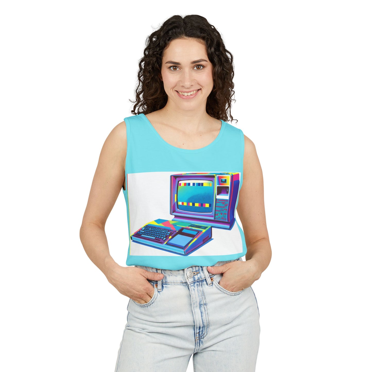 TI-99/4A Home Computer Inspired Tank Top | Multi-Color Modern Art | Unisex Retro Graphic Tee for Tech Lovers, Summer Fashion, Gift for Nerds, Festival Wear, 80s Style