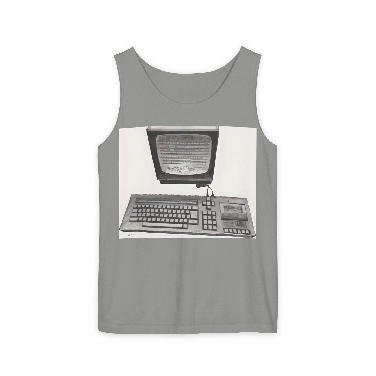 Classic 8 bit home computer inspired Tank Top | Monochrome Art | Unisex Retro Graphic Tee for Tech Lovers, Summer Fashion, Gift for Nerds, Festival Wear, 80s Style
