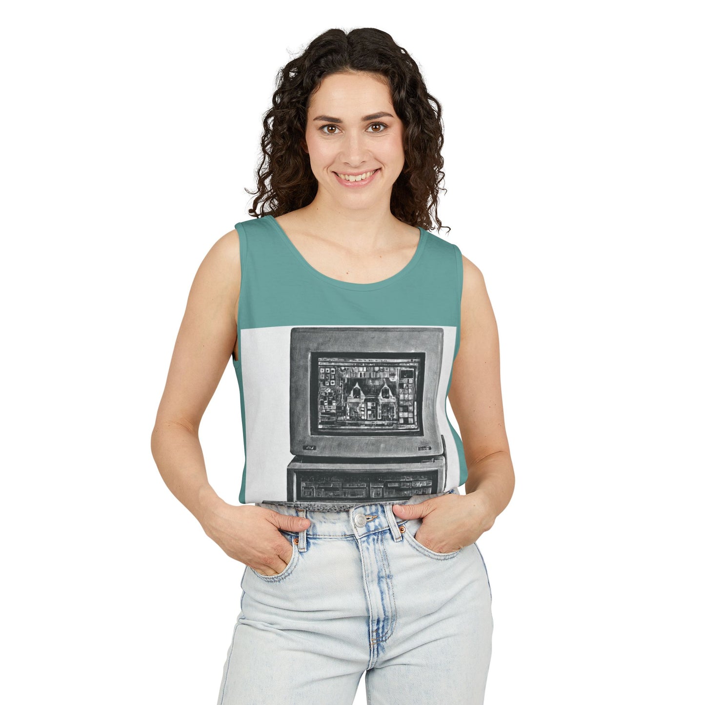 Classic business machine inspired Tank Top | Monochrome Art | Unisex Retro Graphic Tee for Tech Lovers, Summer Fashion, Gift for Nerds, Festival Wear, 80s Style