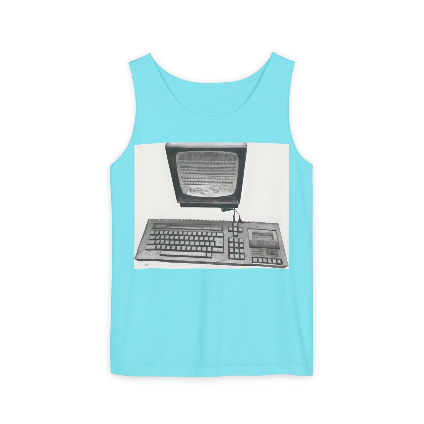 Classic 8 bit home computer inspired Tank Top | Monochrome Art | Unisex Retro Graphic Tee for Tech Lovers, Summer Fashion, Gift for Nerds, Festival Wear, 80s Style