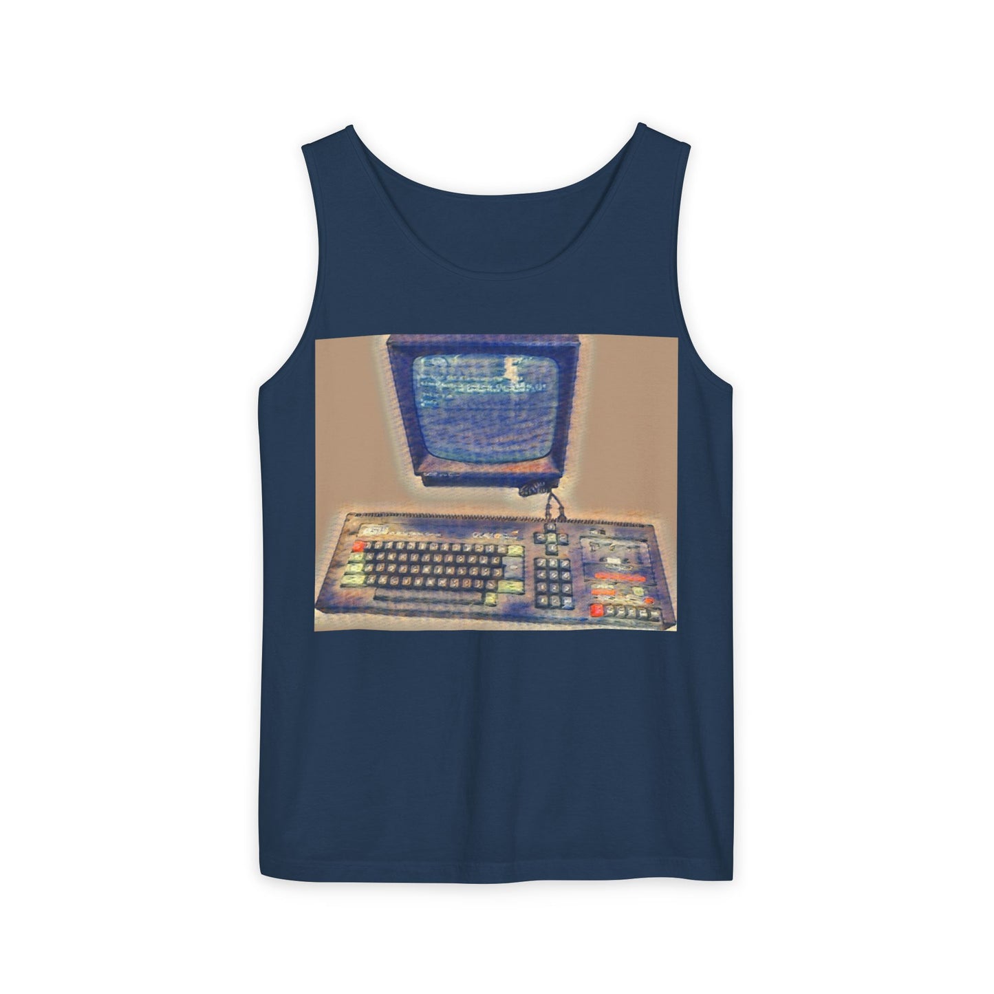 Classic 8 bit home computer inspired Tank Top | Sand Art Color | Unisex Retro Graphic Tee for Tech Lovers, Summer Fashion, Gift for Nerds, Festival Wear, 80s Style