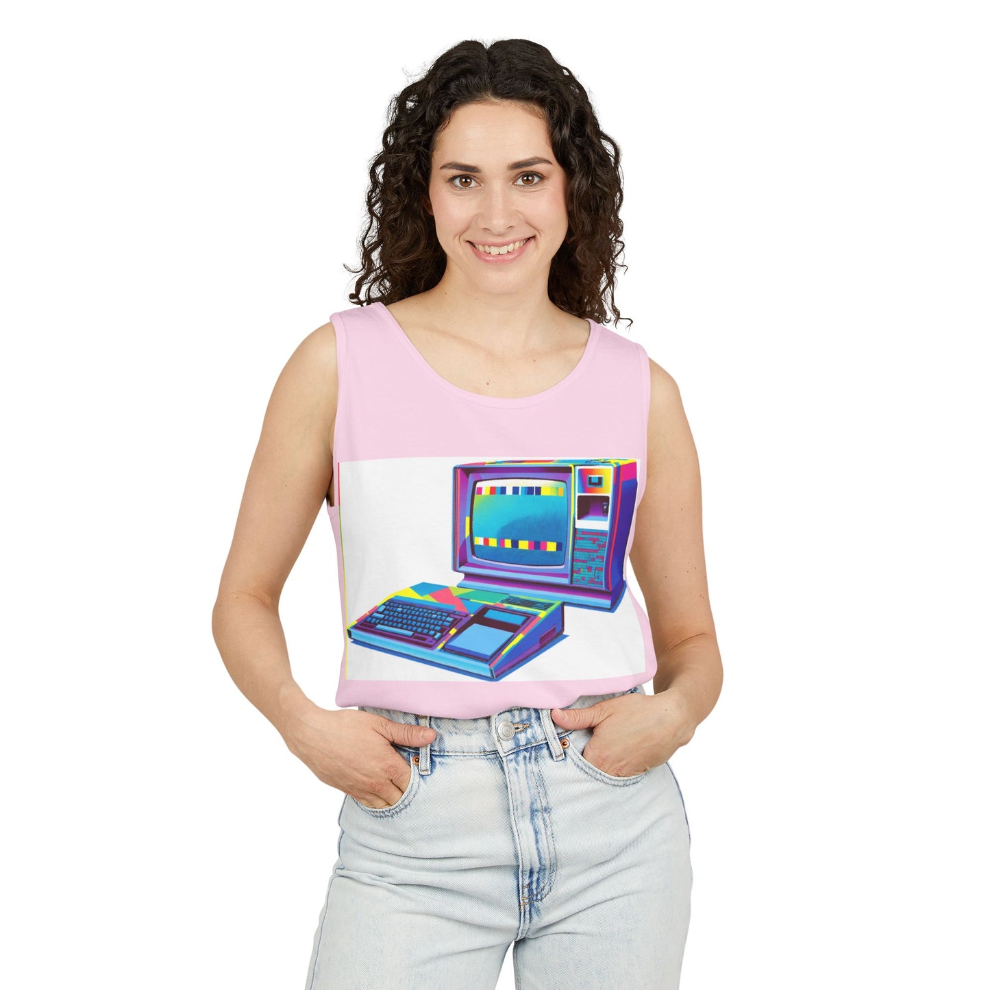 TI-99/4A Home Computer Inspired Tank Top | Multi-Color Modern Art | Unisex Retro Graphic Tee for Tech Lovers, Summer Fashion, Gift for Nerds, Festival Wear, 80s Style