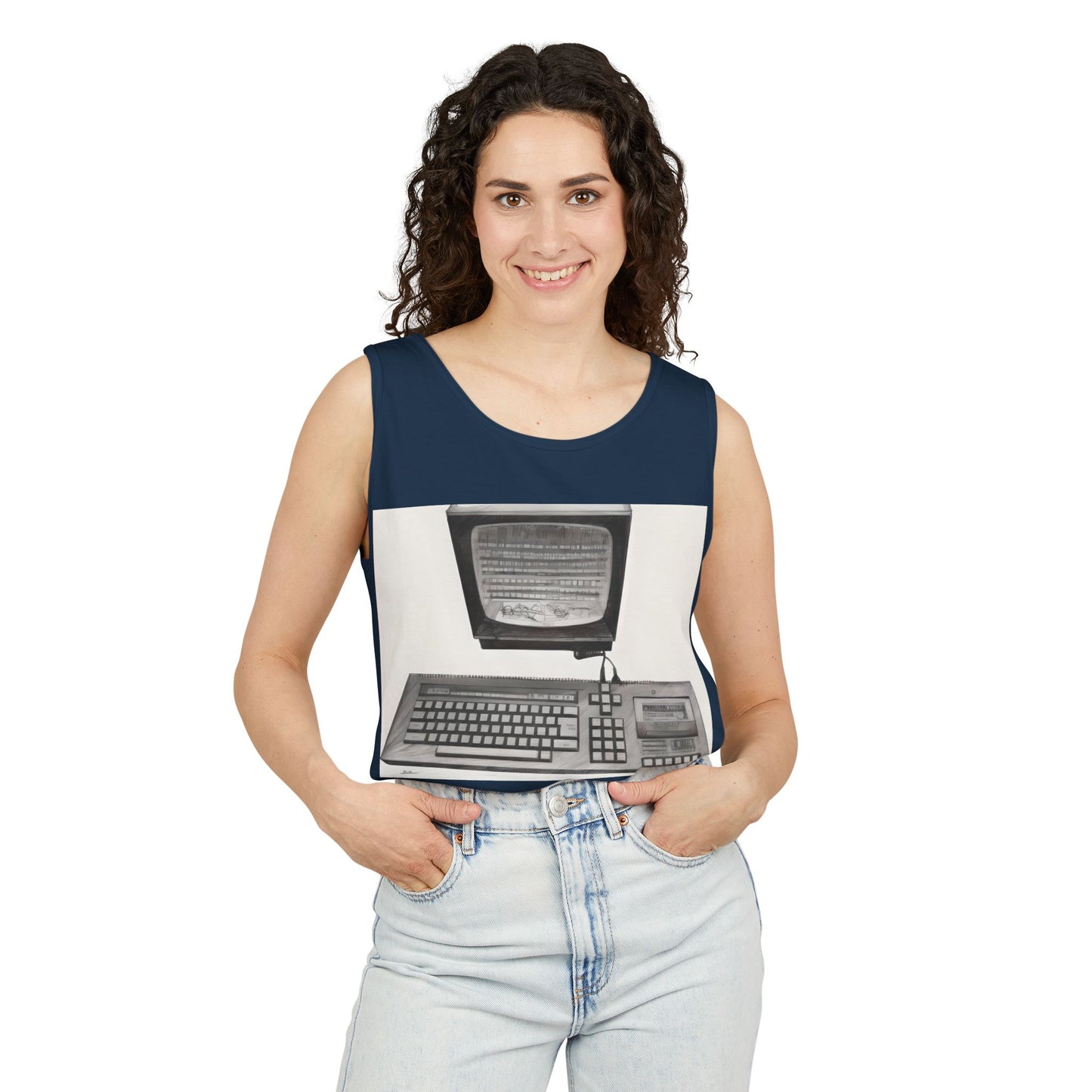Classic 8 bit home computer inspired Tank Top | Monochrome Art | Unisex Retro Graphic Tee for Tech Lovers, Summer Fashion, Gift for Nerds, Festival Wear, 80s Style