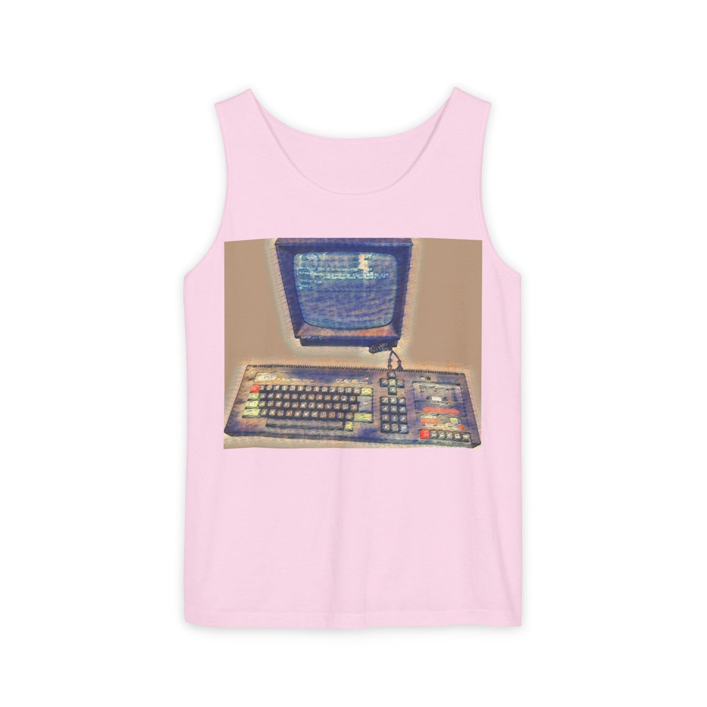 Classic 8 bit home computer inspired Tank Top | Sand Art Color | Unisex Retro Graphic Tee for Tech Lovers, Summer Fashion, Gift for Nerds, Festival Wear, 80s Style