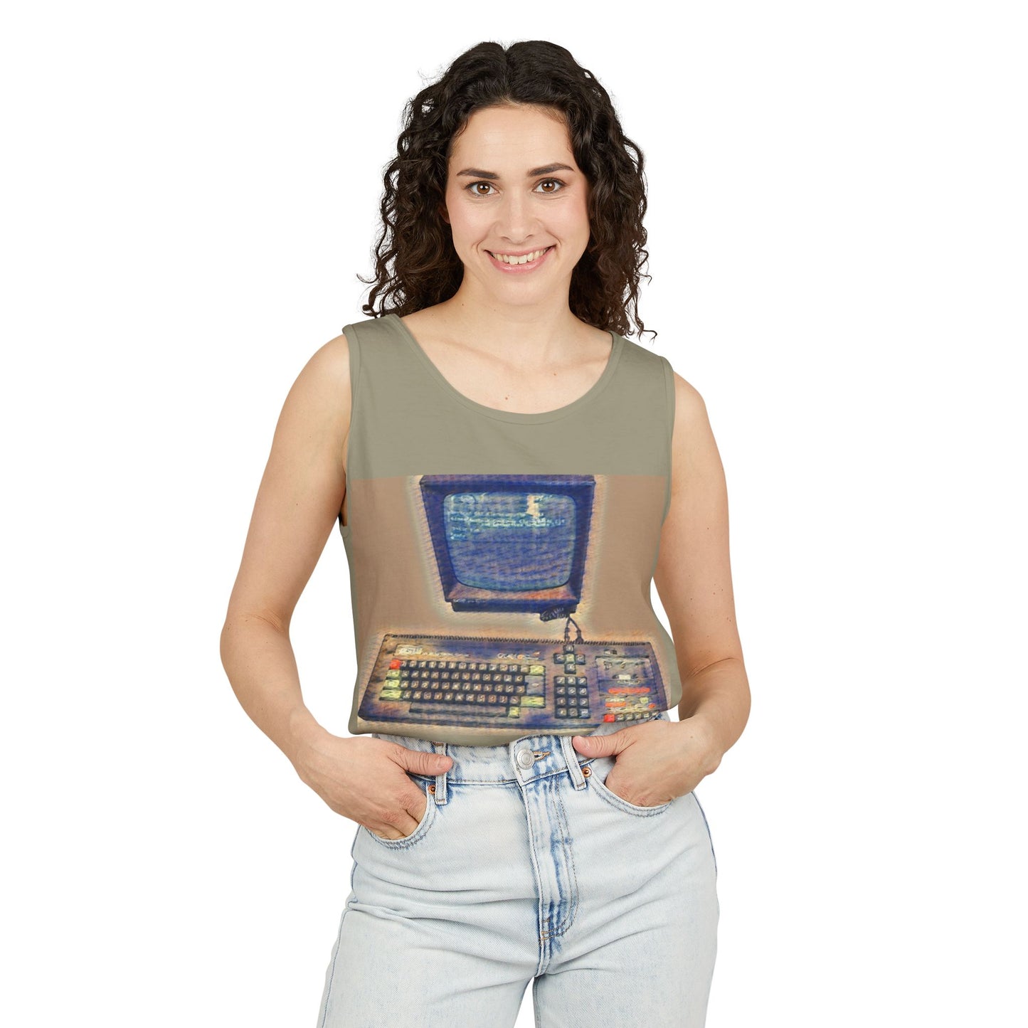 Classic 8 bit home computer inspired Tank Top | Sand Art Color | Unisex Retro Graphic Tee for Tech Lovers, Summer Fashion, Gift for Nerds, Festival Wear, 80s Style