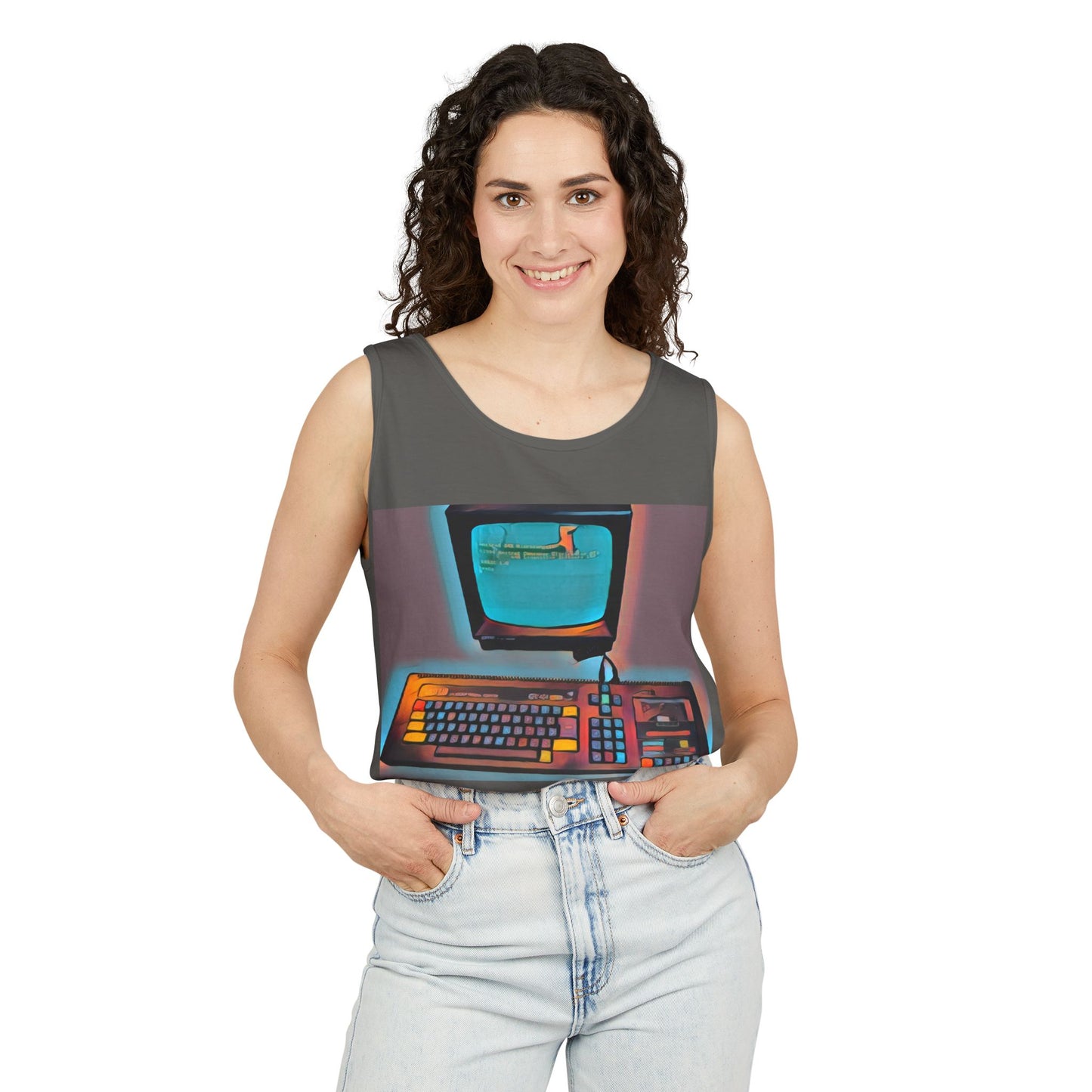 Classic 8 bit home computer inspired Tank Top | Print Art Color | Unisex Retro Graphic Tee for Tech Lovers, Summer Fashion, Gift for Nerds, Festival Wear, 80s Style