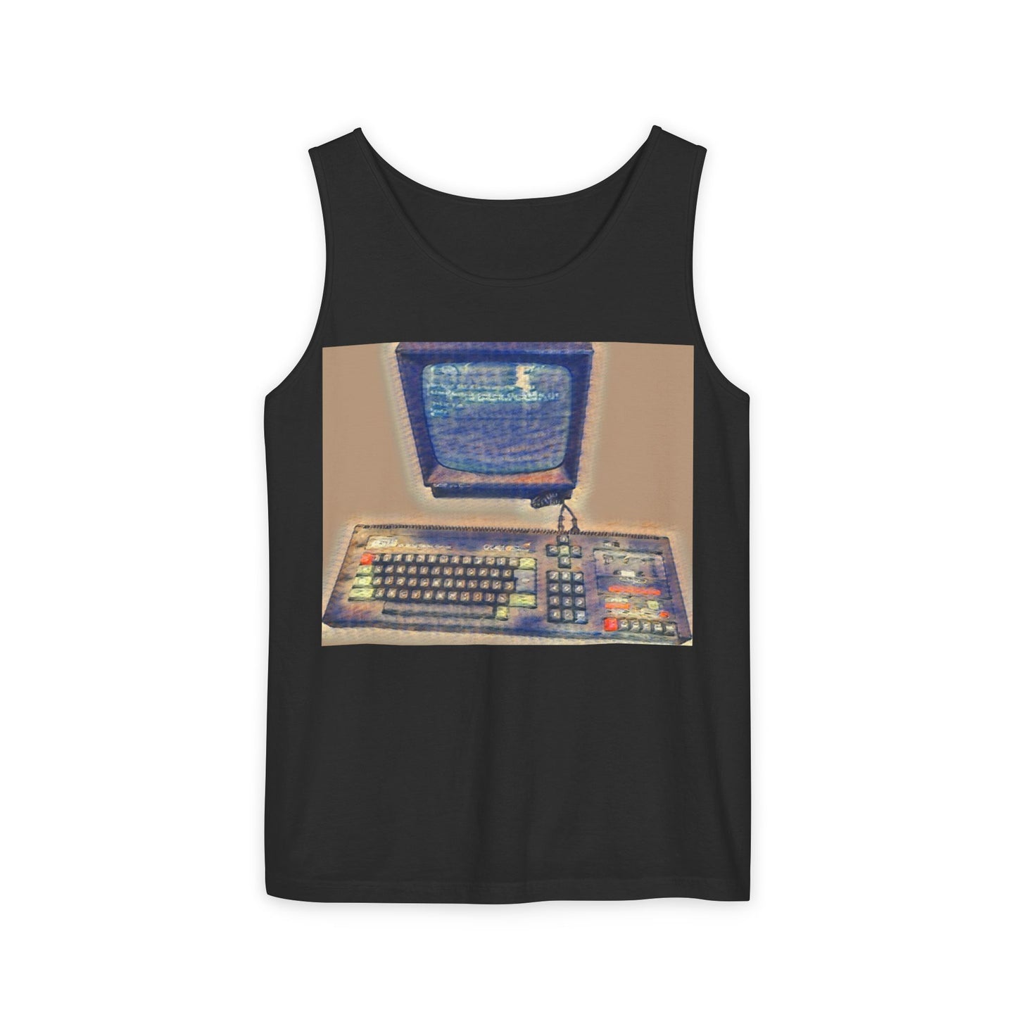 Classic 8 bit home computer inspired Tank Top | Sand Art Color | Unisex Retro Graphic Tee for Tech Lovers, Summer Fashion, Gift for Nerds, Festival Wear, 80s Style