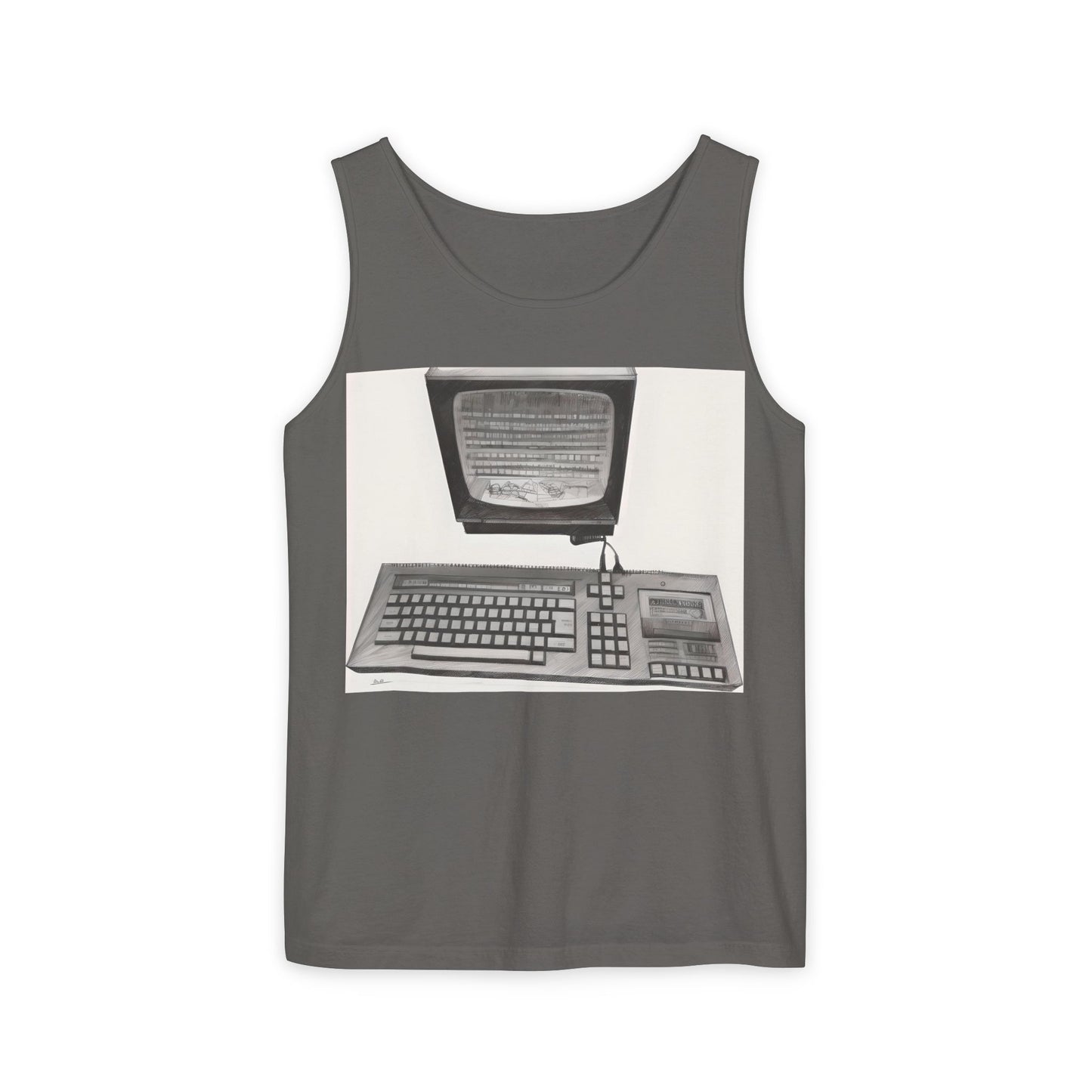 Classic 8 bit home computer inspired Tank Top | Monochrome Art | Unisex Retro Graphic Tee for Tech Lovers, Summer Fashion, Gift for Nerds, Festival Wear, 80s Style