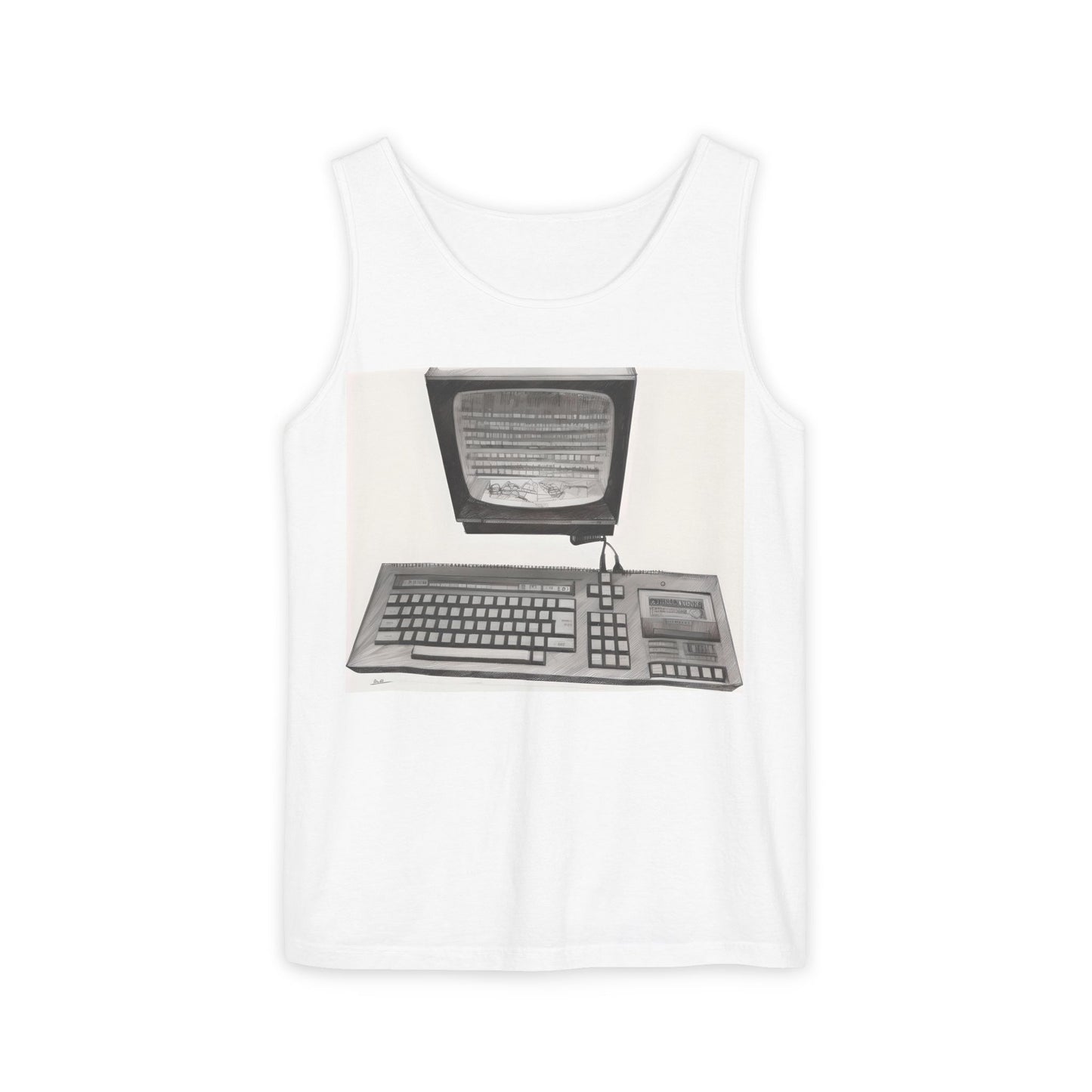 Classic 8 bit home computer inspired Tank Top | Monochrome Art | Unisex Retro Graphic Tee for Tech Lovers, Summer Fashion, Gift for Nerds, Festival Wear, 80s Style