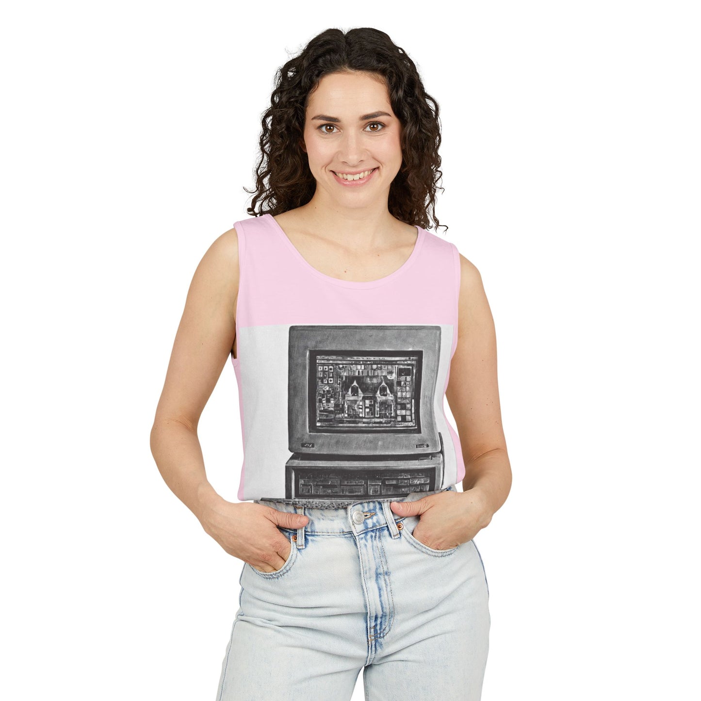 Classic business machine inspired Tank Top | Monochrome Art | Unisex Retro Graphic Tee for Tech Lovers, Summer Fashion, Gift for Nerds, Festival Wear, 80s Style