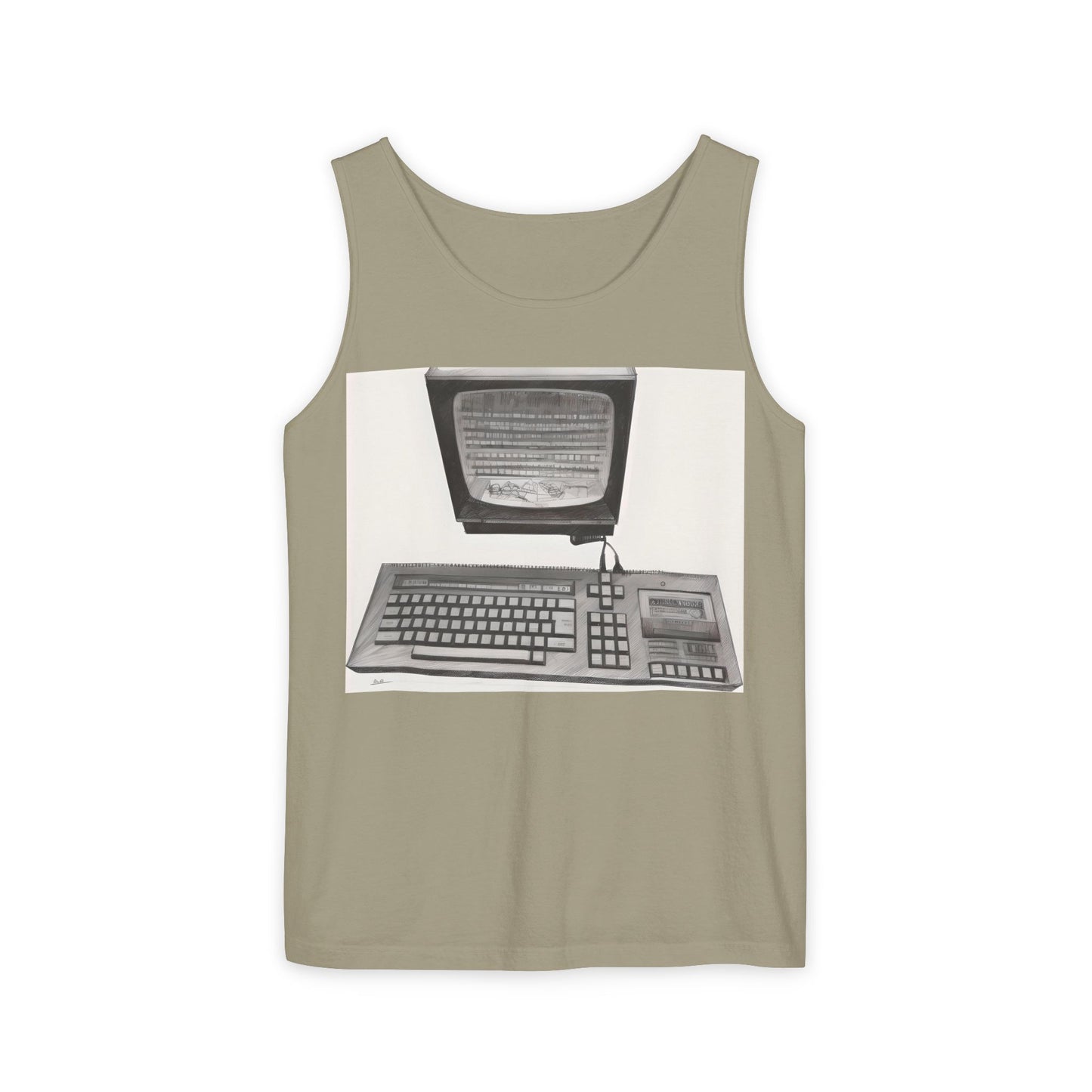 Classic 8 bit home computer inspired Tank Top | Monochrome Art | Unisex Retro Graphic Tee for Tech Lovers, Summer Fashion, Gift for Nerds, Festival Wear, 80s Style