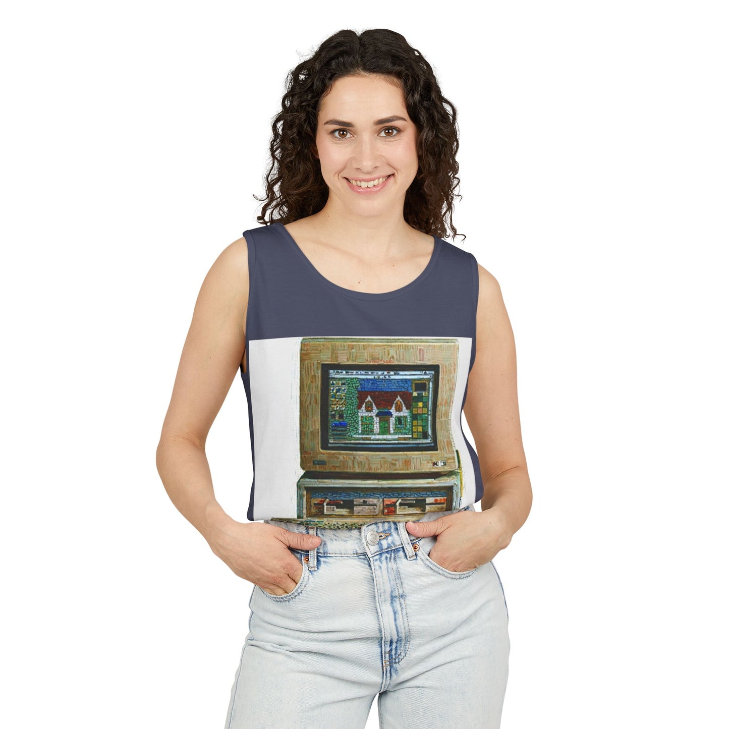 Classic business machine inspired Tank Top | Mosaic Art Color | Unisex Retro Graphic Tee for Tech Lovers, Summer Fashion, Gift for Nerds, Festival Wear, 80s Style