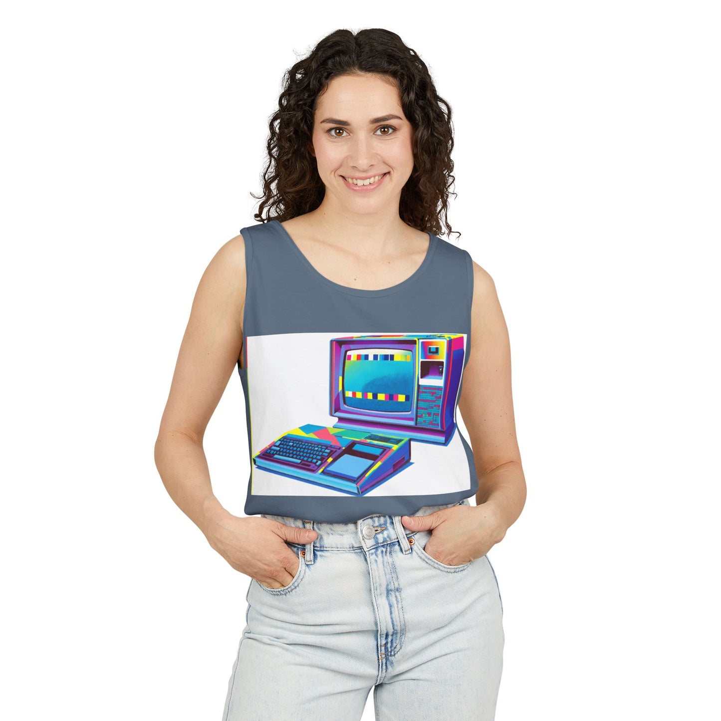 TI-99/4A Home Computer Inspired Tank Top | Multi-Color Modern Art | Unisex Retro Graphic Tee for Tech Lovers, Summer Fashion, Gift for Nerds, Festival Wear, 80s Style