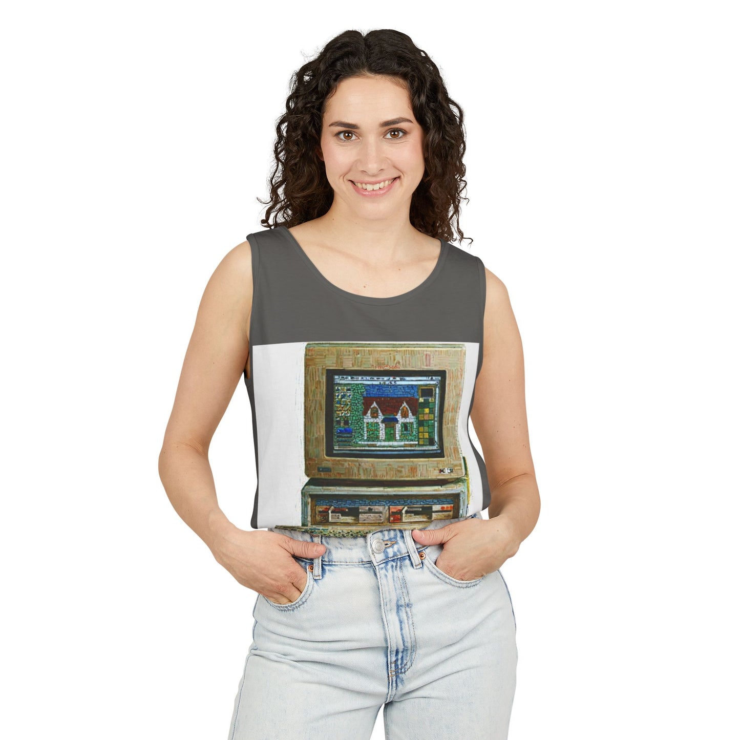Classic business machine inspired Tank Top | Mosaic Art Color | Unisex Retro Graphic Tee for Tech Lovers, Summer Fashion, Gift for Nerds, Festival Wear, 80s Style