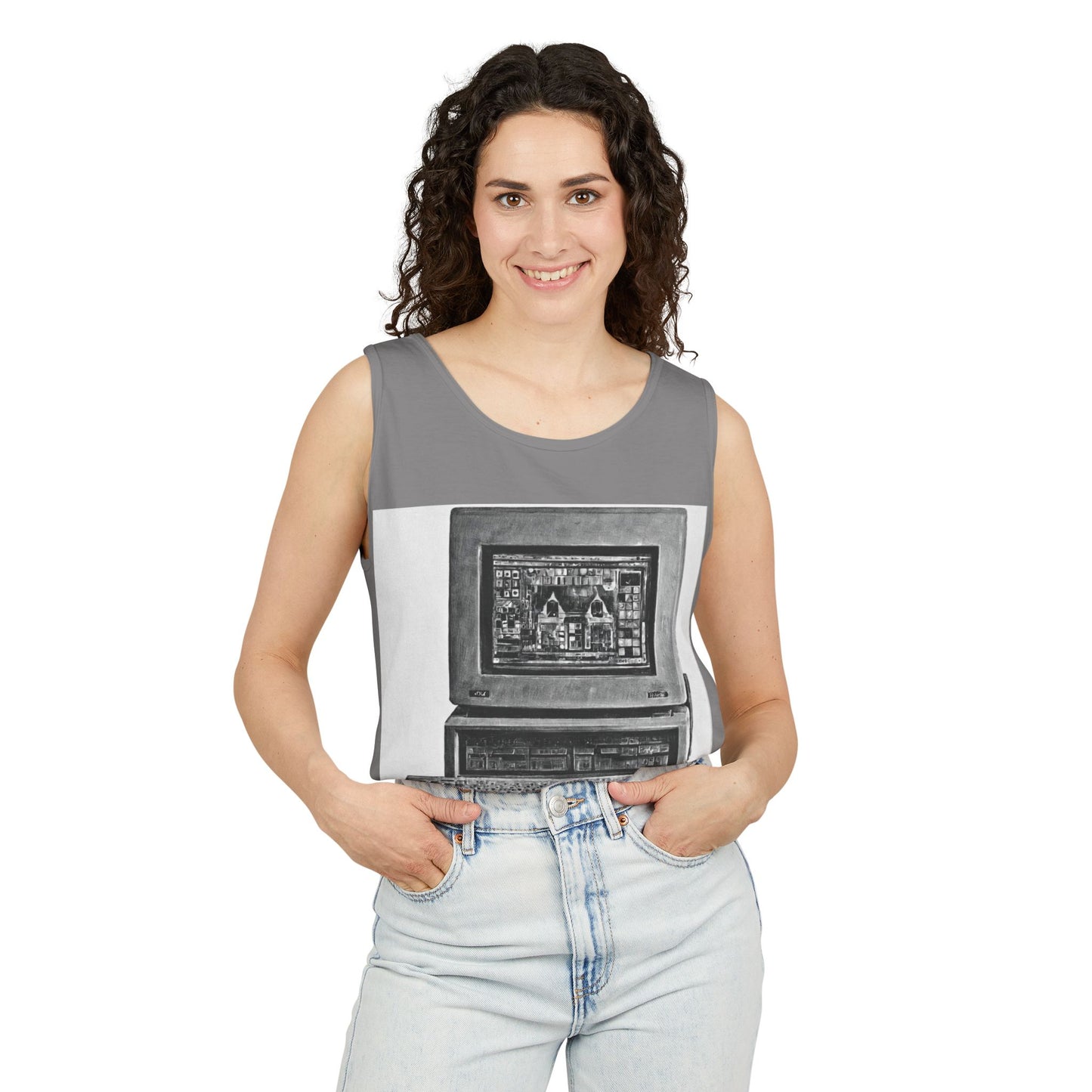 Classic business machine inspired Tank Top | Monochrome Art | Unisex Retro Graphic Tee for Tech Lovers, Summer Fashion, Gift for Nerds, Festival Wear, 80s Style