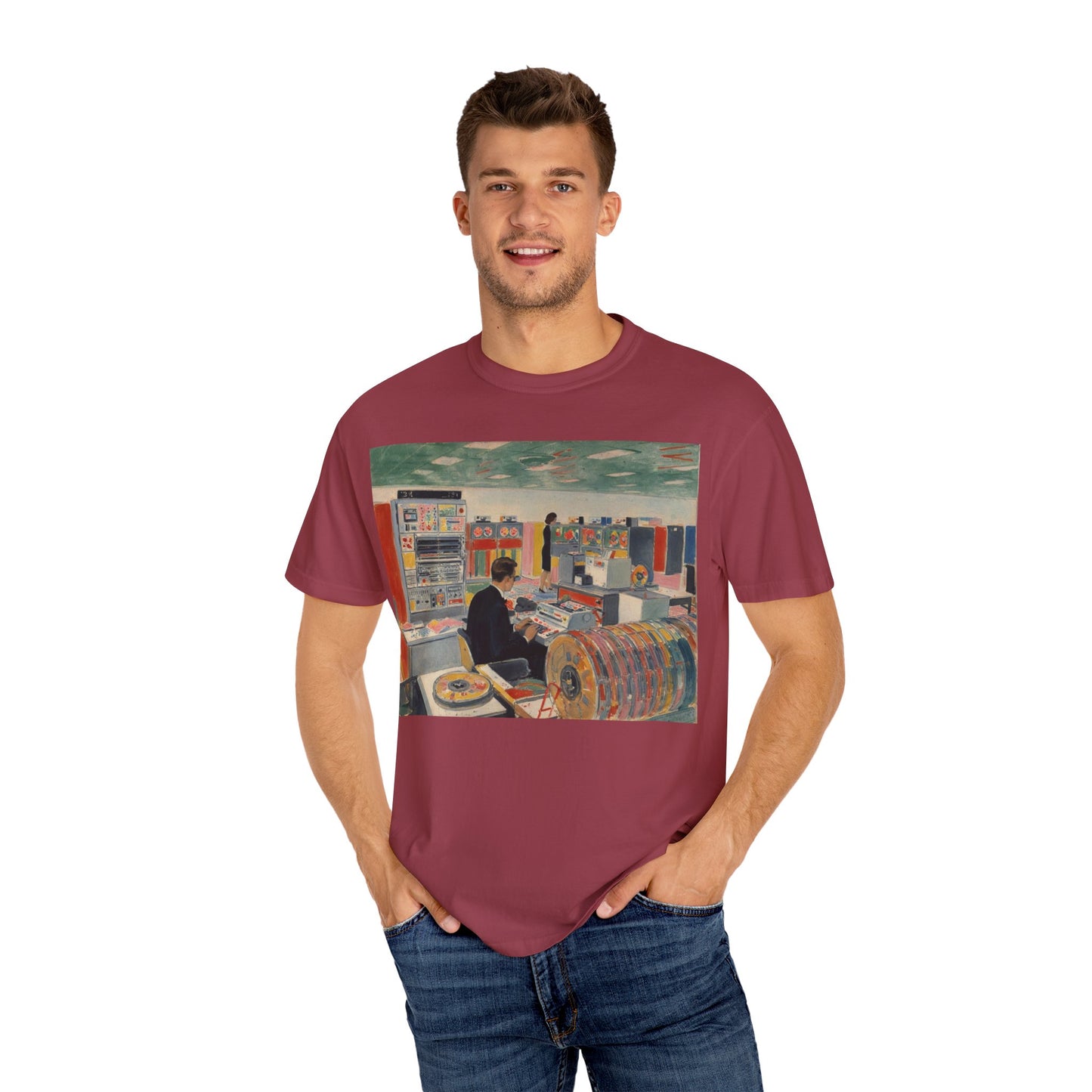 Classic Mainframe Computer T-Shirt with control panel on back - Modern Art Color
