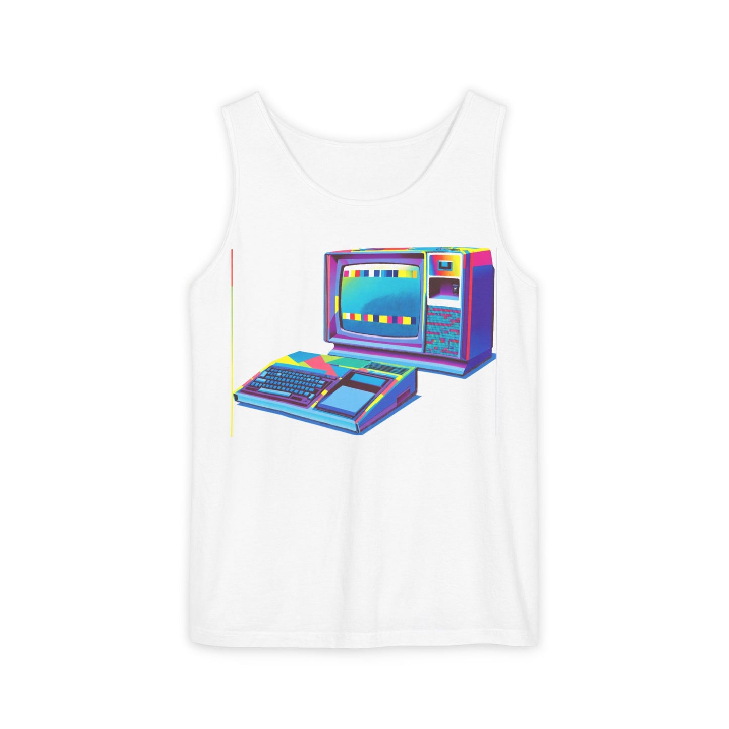 TI-99/4A Home Computer Inspired Tank Top | Multi-Color Modern Art | Unisex Retro Graphic Tee for Tech Lovers, Summer Fashion, Gift for Nerds, Festival Wear, 80s Style