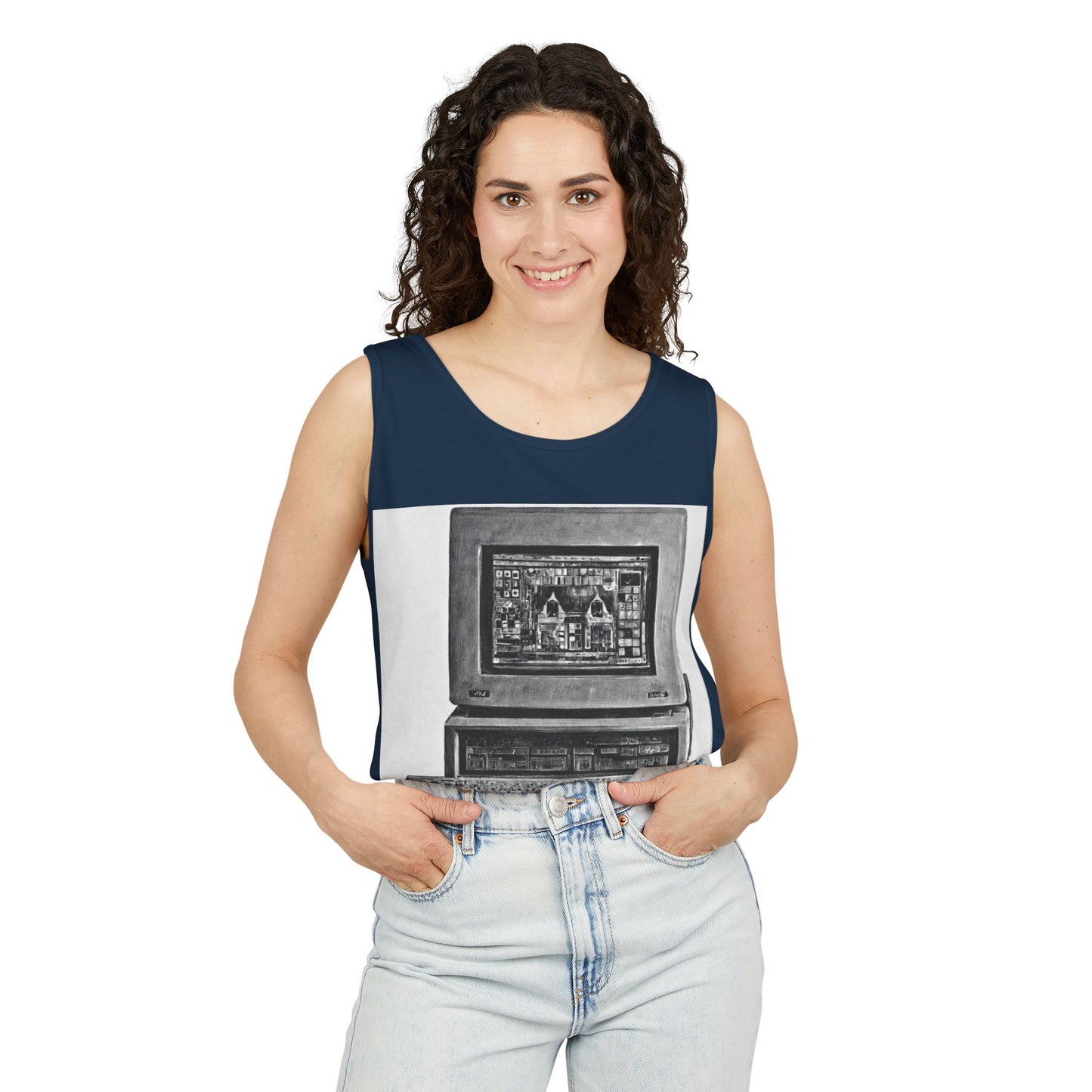 Classic business machine inspired Tank Top | Monochrome Art | Unisex Retro Graphic Tee for Tech Lovers, Summer Fashion, Gift for Nerds, Festival Wear, 80s Style