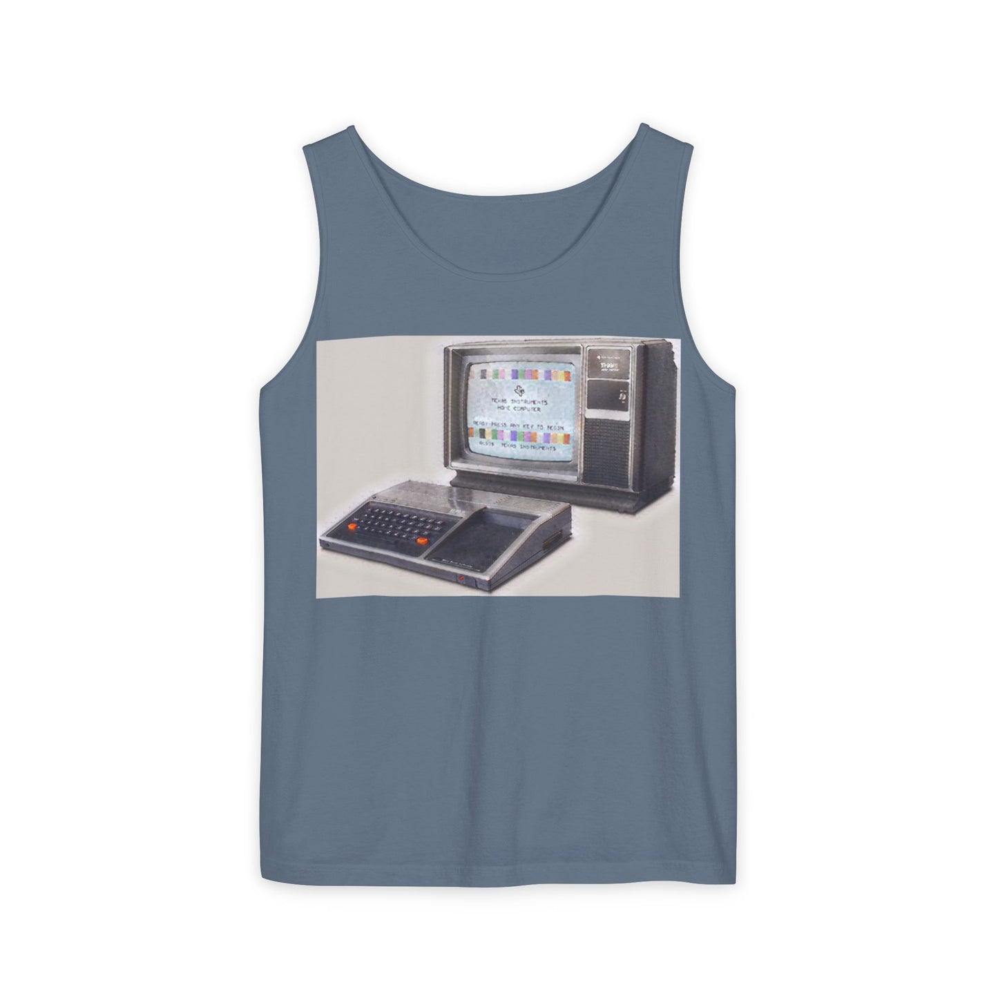 TI-99/4A Home Computer Inspired Tank Top | Matt Art Color | Unisex Retro Graphic Tee for Tech Lovers, Summer Fashion, Gift for Nerds, Festival Wear, 80s Style