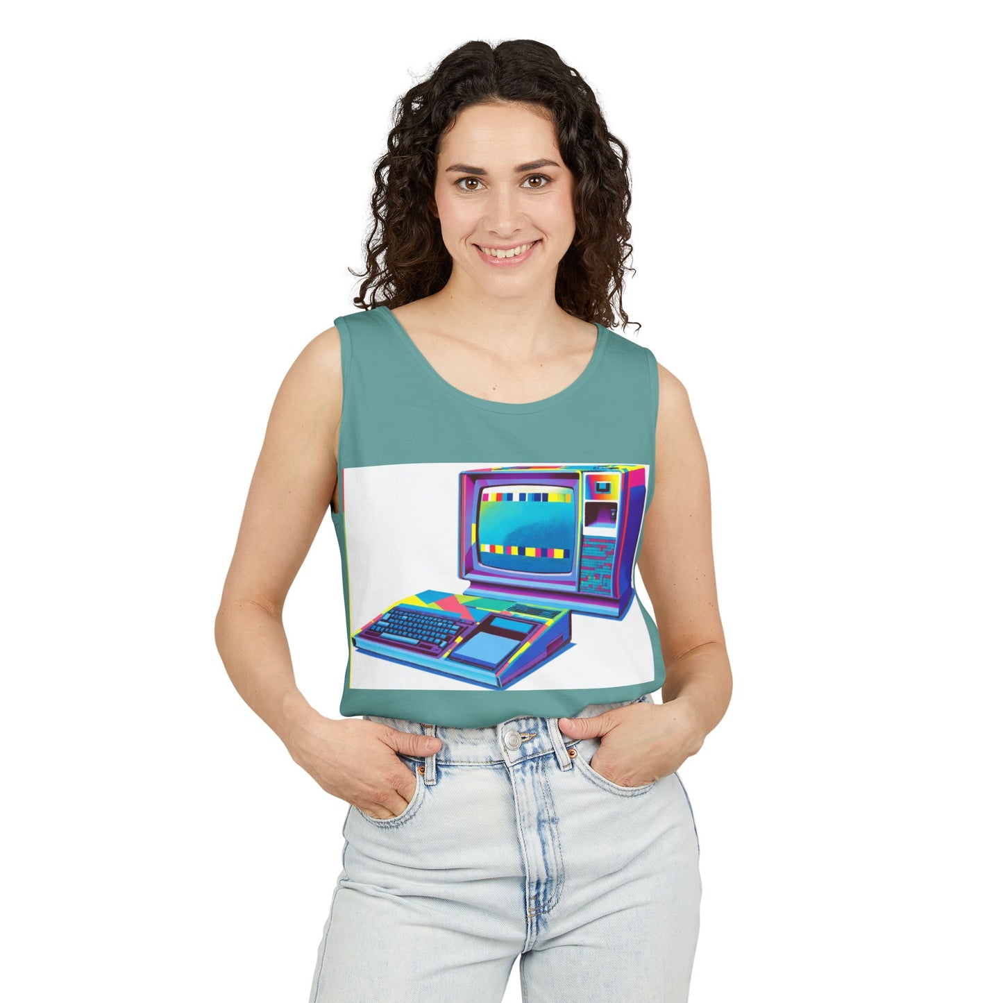 TI-99/4A Home Computer Inspired Tank Top | Multi-Color Modern Art | Unisex Retro Graphic Tee for Tech Lovers, Summer Fashion, Gift for Nerds, Festival Wear, 80s Style