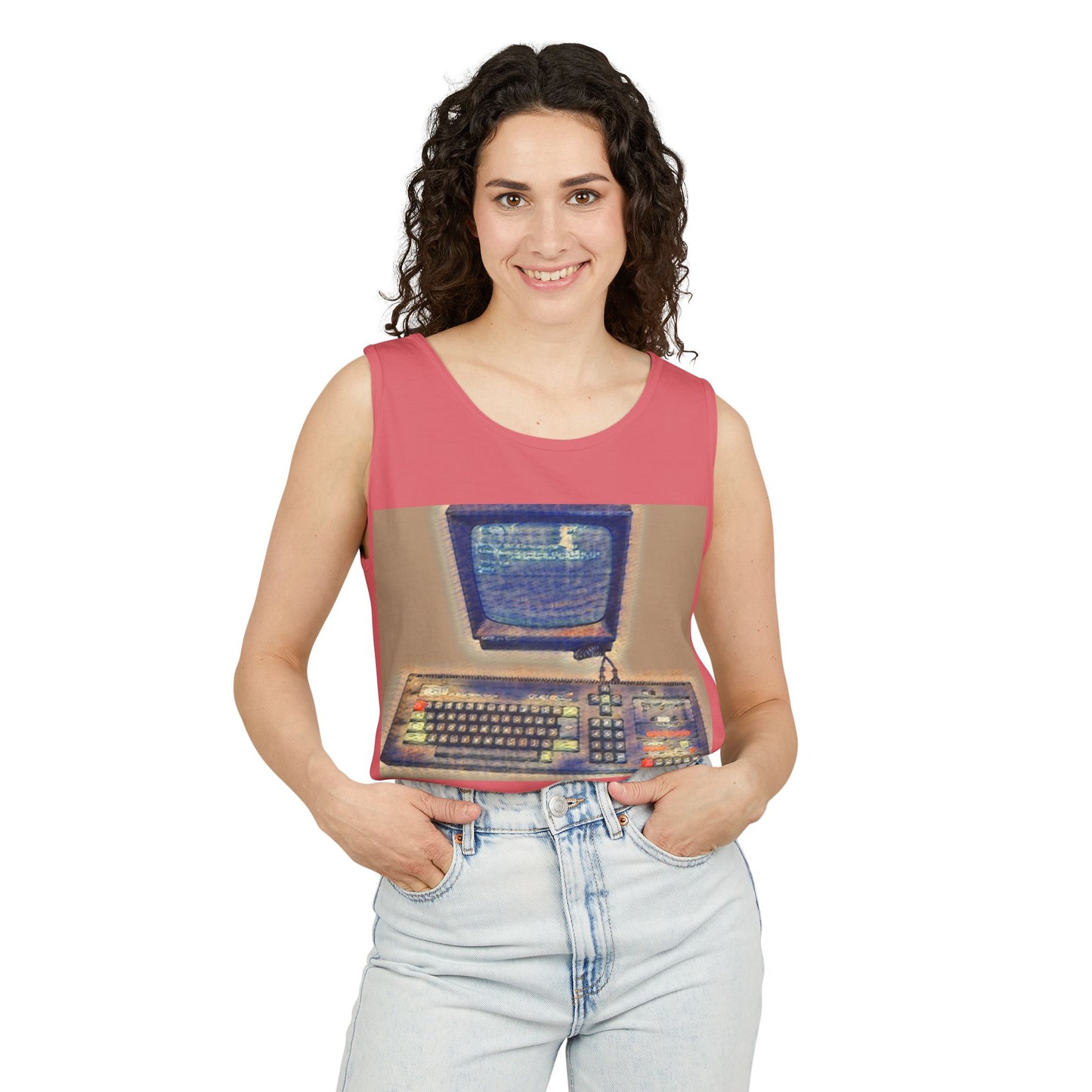 Classic 8 bit home computer inspired Tank Top | Sand Art Color | Unisex Retro Graphic Tee for Tech Lovers, Summer Fashion, Gift for Nerds, Festival Wear, 80s Style