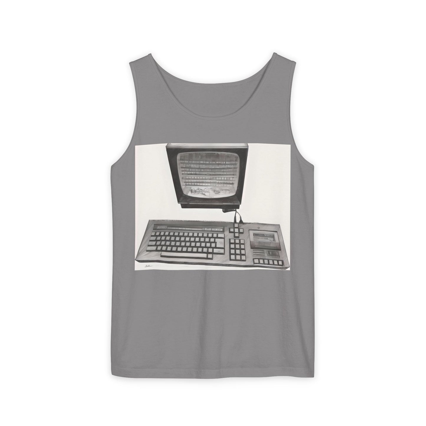 Classic 8 bit home computer inspired Tank Top | Monochrome Art | Unisex Retro Graphic Tee for Tech Lovers, Summer Fashion, Gift for Nerds, Festival Wear, 80s Style