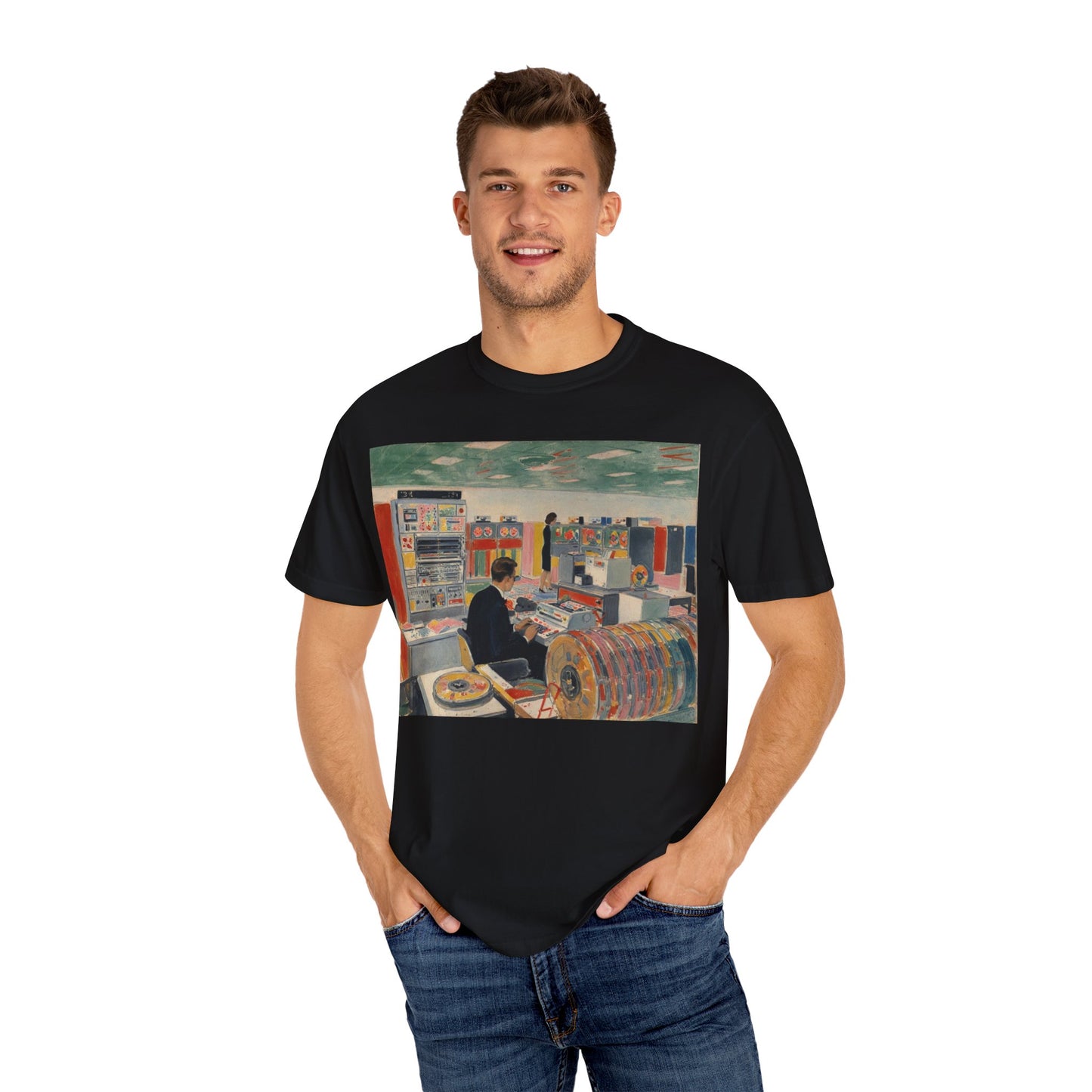 Classic Mainframe Computer T-Shirt with control panel on back - Modern Art Color