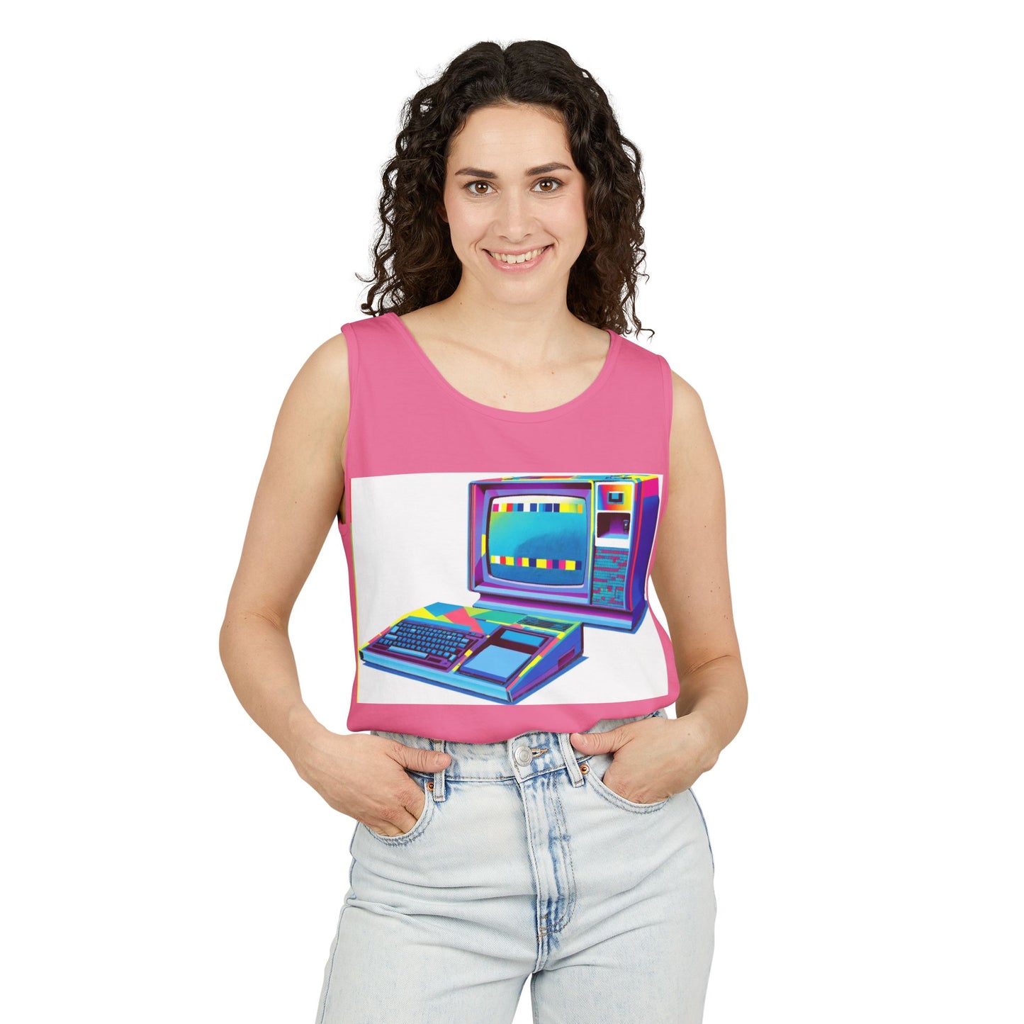 TI-99/4A Home Computer Inspired Tank Top | Multi-Color Modern Art | Unisex Retro Graphic Tee for Tech Lovers, Summer Fashion, Gift for Nerds, Festival Wear, 80s Style