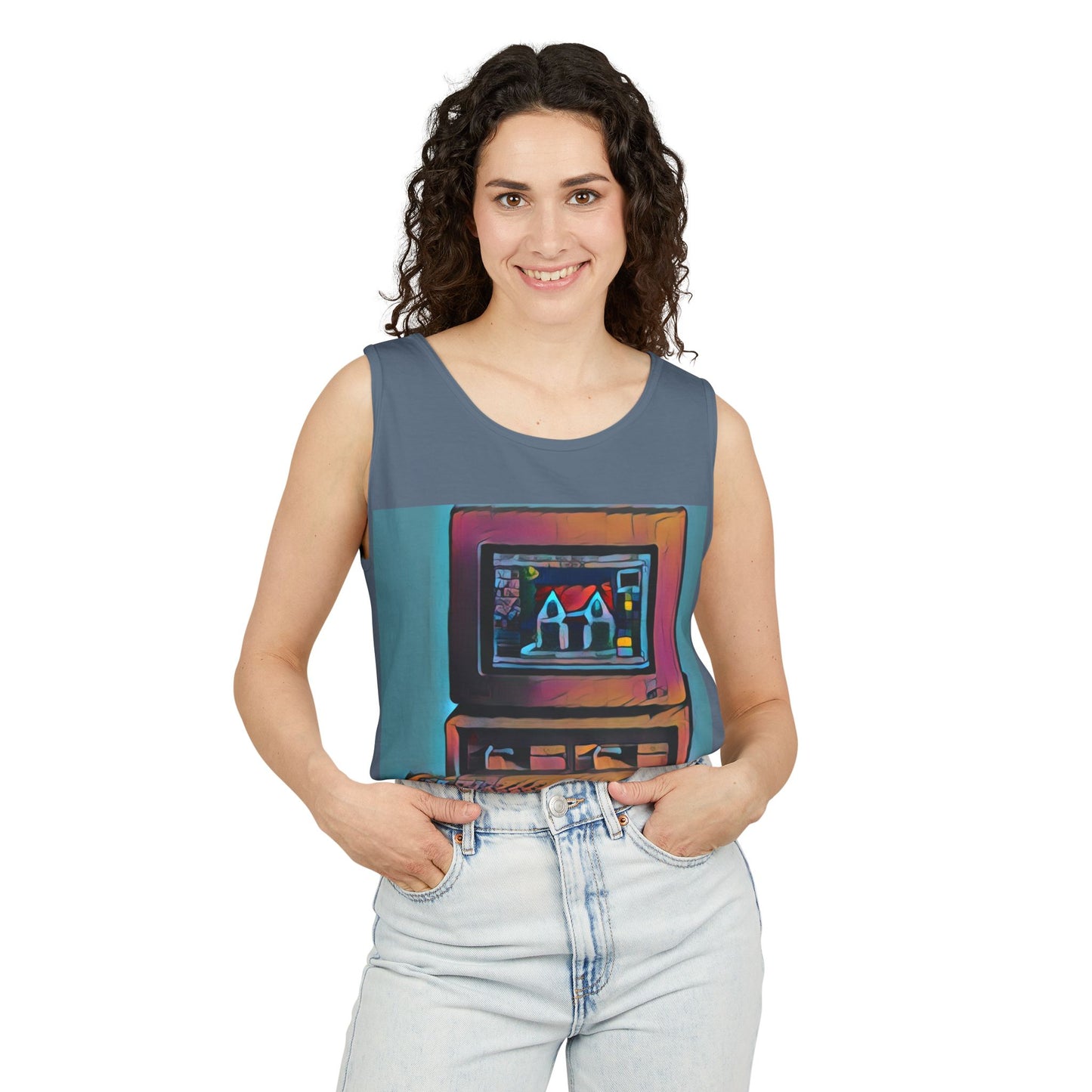 Classic business machine inspired Tank Top | Print Art Color | Unisex Retro Graphic Tee for Tech Lovers, Summer Fashion, Gift for Nerds, Festival Wear, 80s Style
