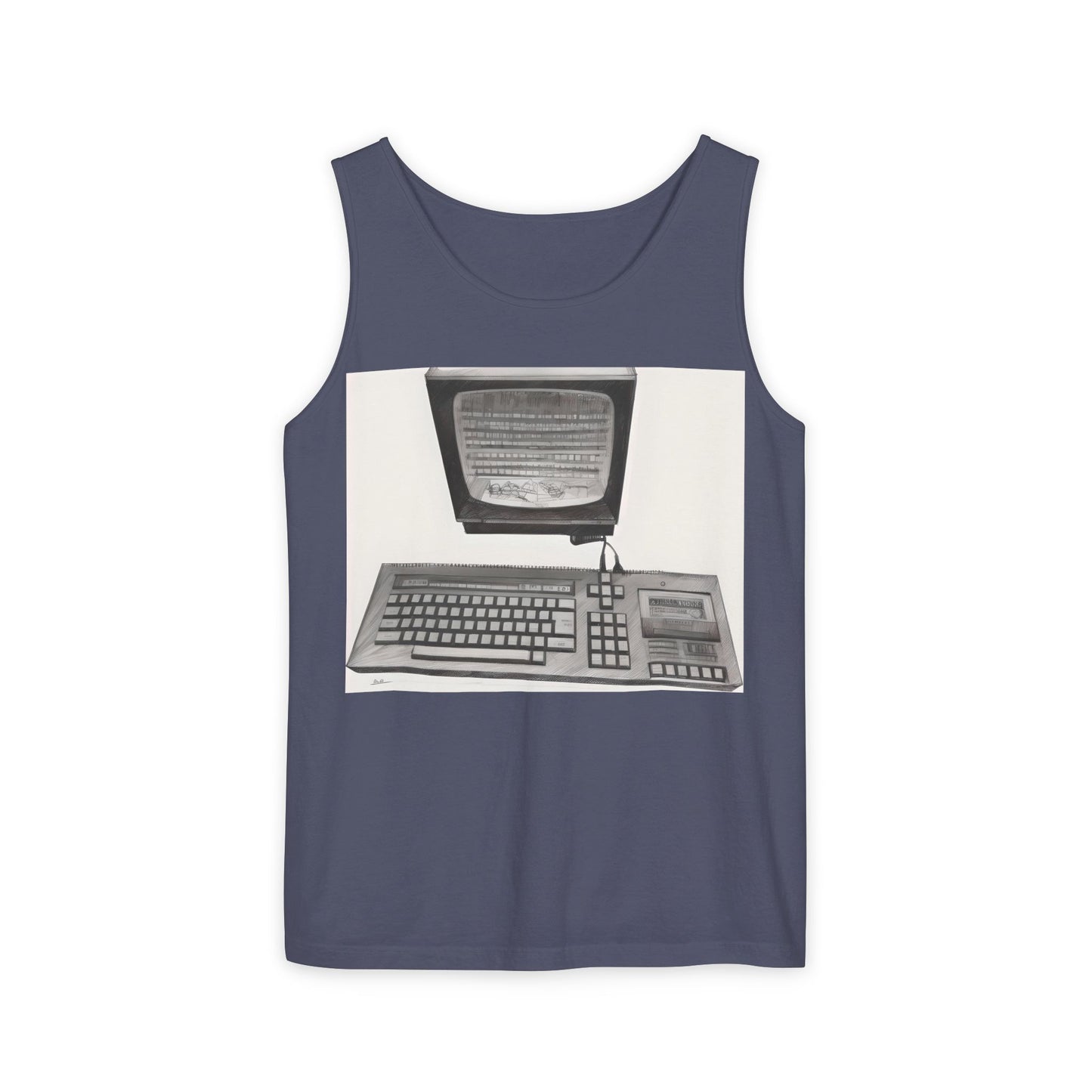 Classic 8 bit home computer inspired Tank Top | Monochrome Art | Unisex Retro Graphic Tee for Tech Lovers, Summer Fashion, Gift for Nerds, Festival Wear, 80s Style