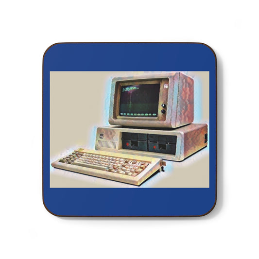 Vintage PC in Blue Hardboard Coaster in Paint Art Color for Tech Enthusiast & Creatives