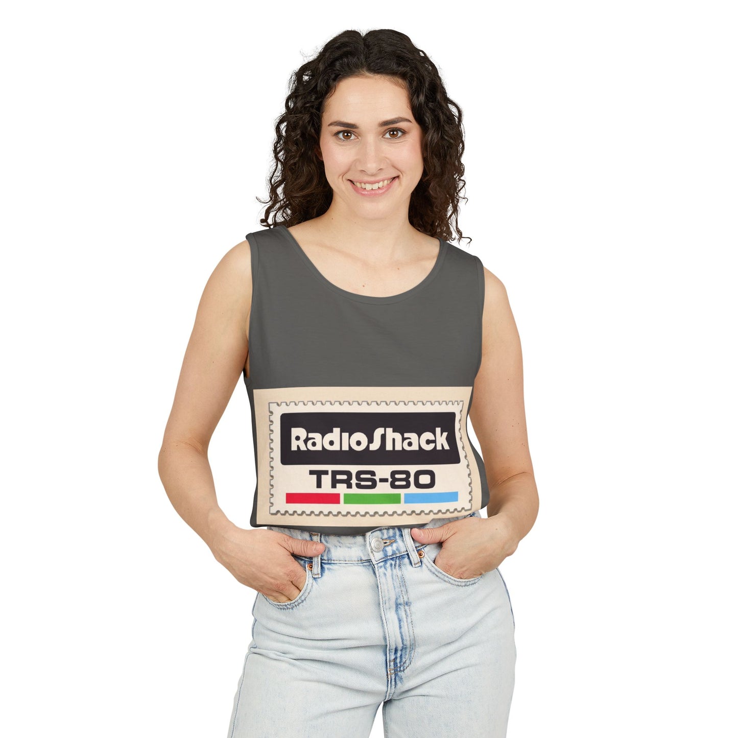 TRS-80 CoCo Themed Tank Top | Monochrome Art | Unisex Retro Graphic Tee for Tech Lovers, Summer Fashion, Gift for Nerds, Festival Wear, 80s Style