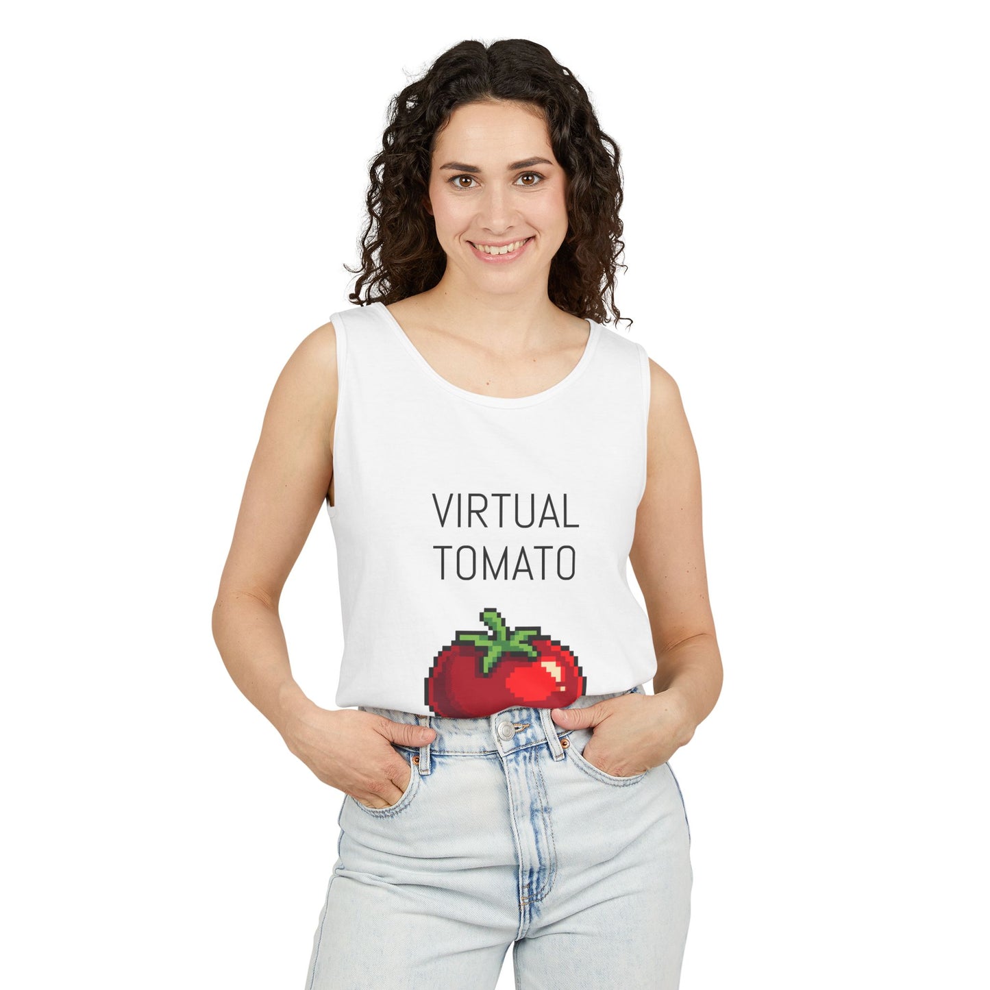 Virtual Tomato Recipe Themed Tank Top | Pixel Art | Unisex Retro Graphic Tee for Tech Lovers, Summer Fashion, Gift for Nerds, Festival Wear, 80s Style