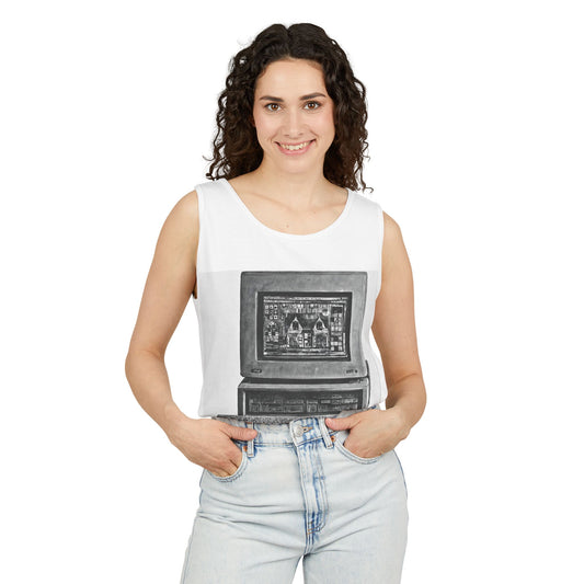 Classic business machine inspired Tank Top | Monochrome Art | Unisex Retro Graphic Tee for Tech Lovers, Summer Fashion, Gift for Nerds, Festival Wear, 80s Style