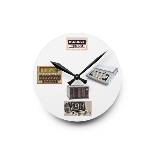 TRS-80 Themed Computer Acrylic Wall Clock — Vintage PC Icons Desk Decor