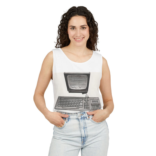 Classic 8 bit home computer inspired Tank Top | Monochrome Art | Unisex Retro Graphic Tee for Tech Lovers, Summer Fashion, Gift for Nerds, Festival Wear, 80s Style
