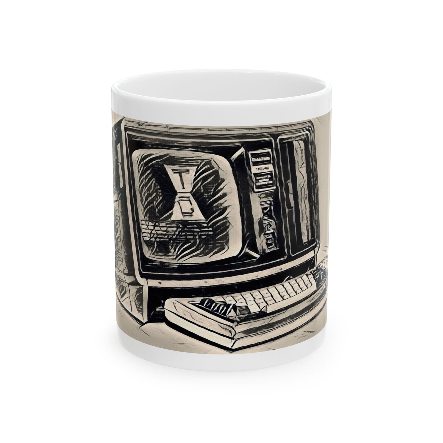 Vintage Computer Ceramic Mug | Classic Business Machine Ink Art Monochrome Design | Perfect for Tech Lovers