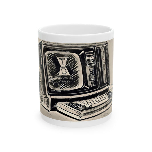 Vintage Computer Ceramic Mug | Classic Business Machine Ink Art Monochrome Design | Perfect for Tech Lovers