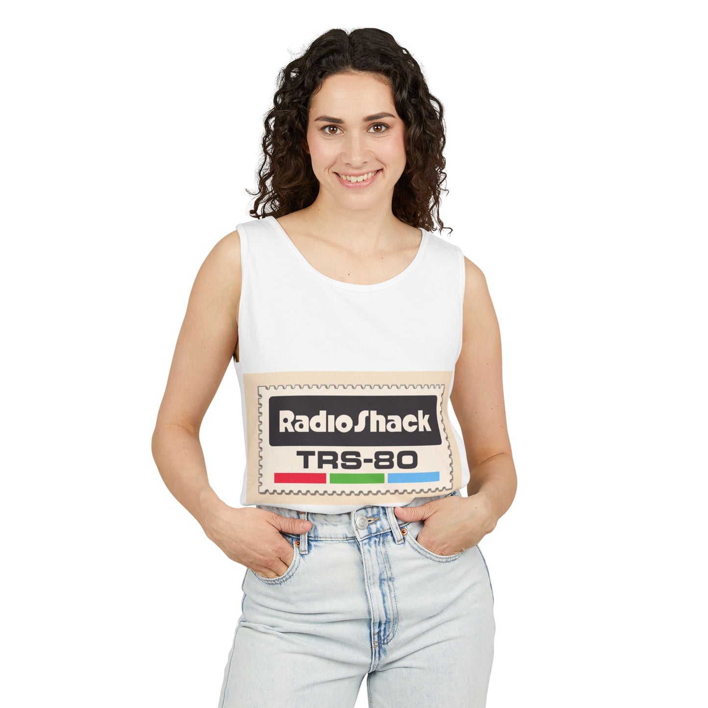 TRS-80 CoCo Themed Tank Top | Monochrome Art | Unisex Retro Graphic Tee for Tech Lovers, Summer Fashion, Gift for Nerds, Festival Wear, 80s Style