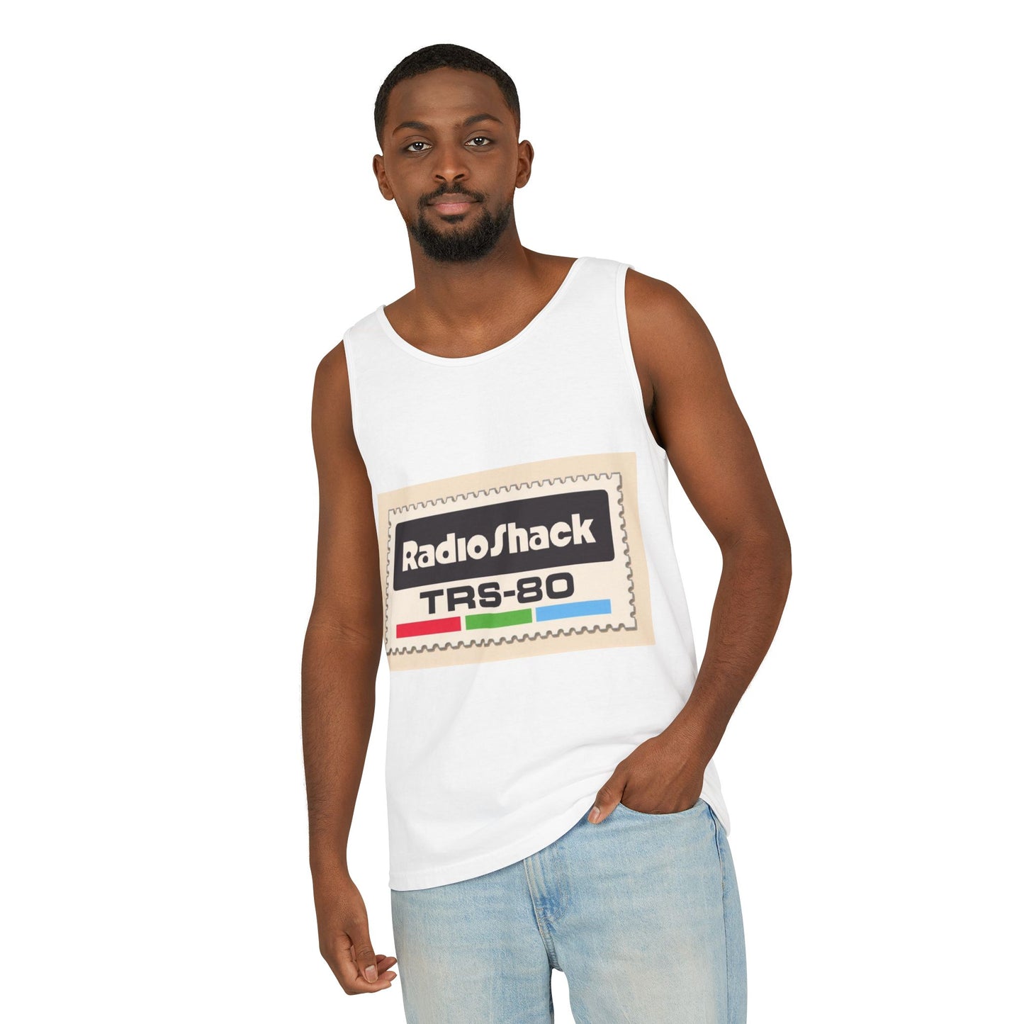 TRS-80 CoCo Themed Tank Top | Monochrome Art | Unisex Retro Graphic Tee for Tech Lovers, Summer Fashion, Gift for Nerds, Festival Wear, 80s Style