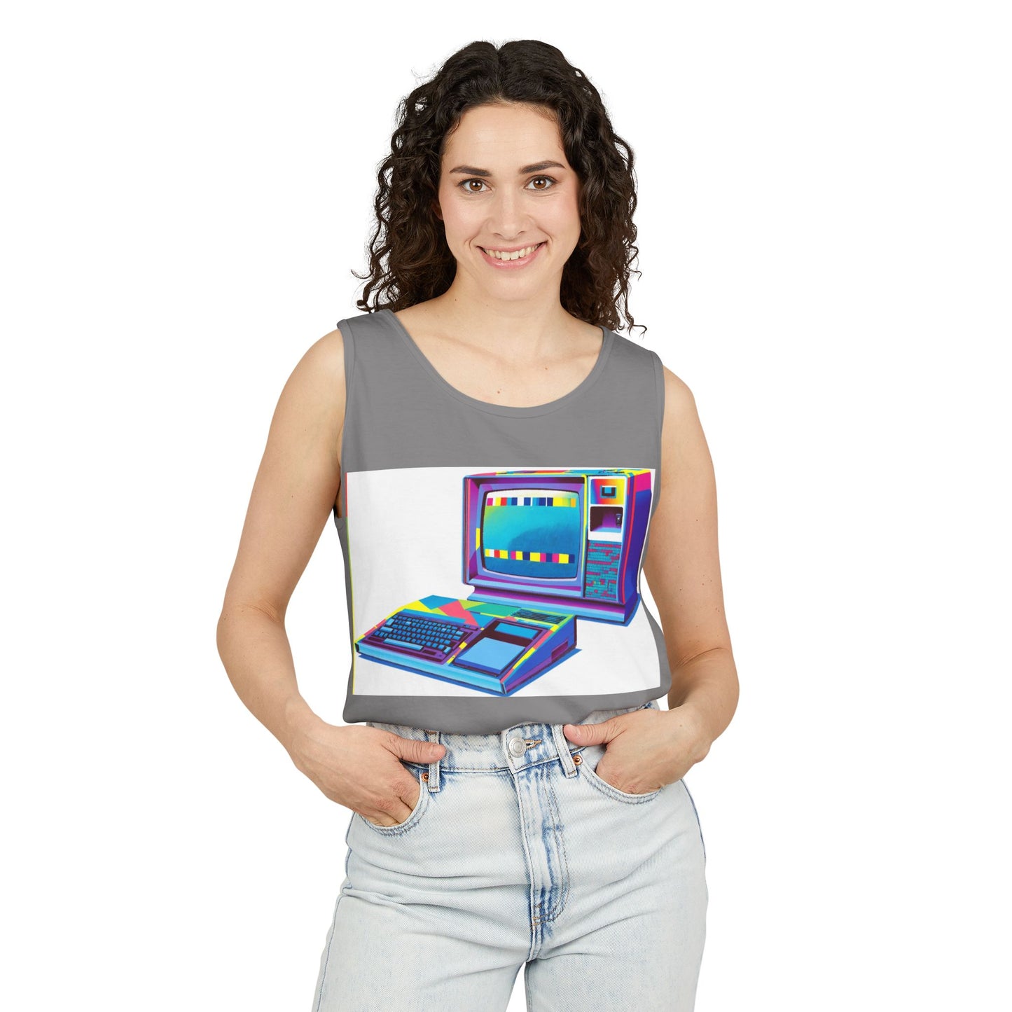 TI-99/4A Home Computer Inspired Tank Top | Multi-Color Modern Art | Unisex Retro Graphic Tee for Tech Lovers, Summer Fashion, Gift for Nerds, Festival Wear, 80s Style