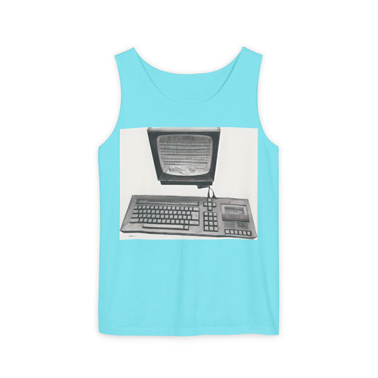 Classic 8 bit home computer inspired Tank Top | Monochrome Art | Unisex Retro Graphic Tee for Tech Lovers, Summer Fashion, Gift for Nerds, Festival Wear, 80s Style
