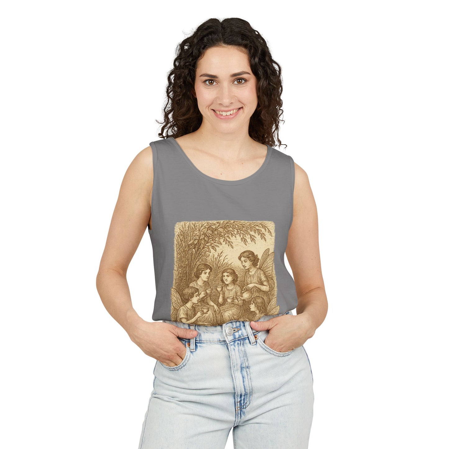 Even Fairies Need Tea Breaks! Tank Top | Harmsworth Art | Unisex Retro Graphic Tee for Tech Lovers, Summer Fashion, Gift for Nerds, Festival Wear, 80s Style