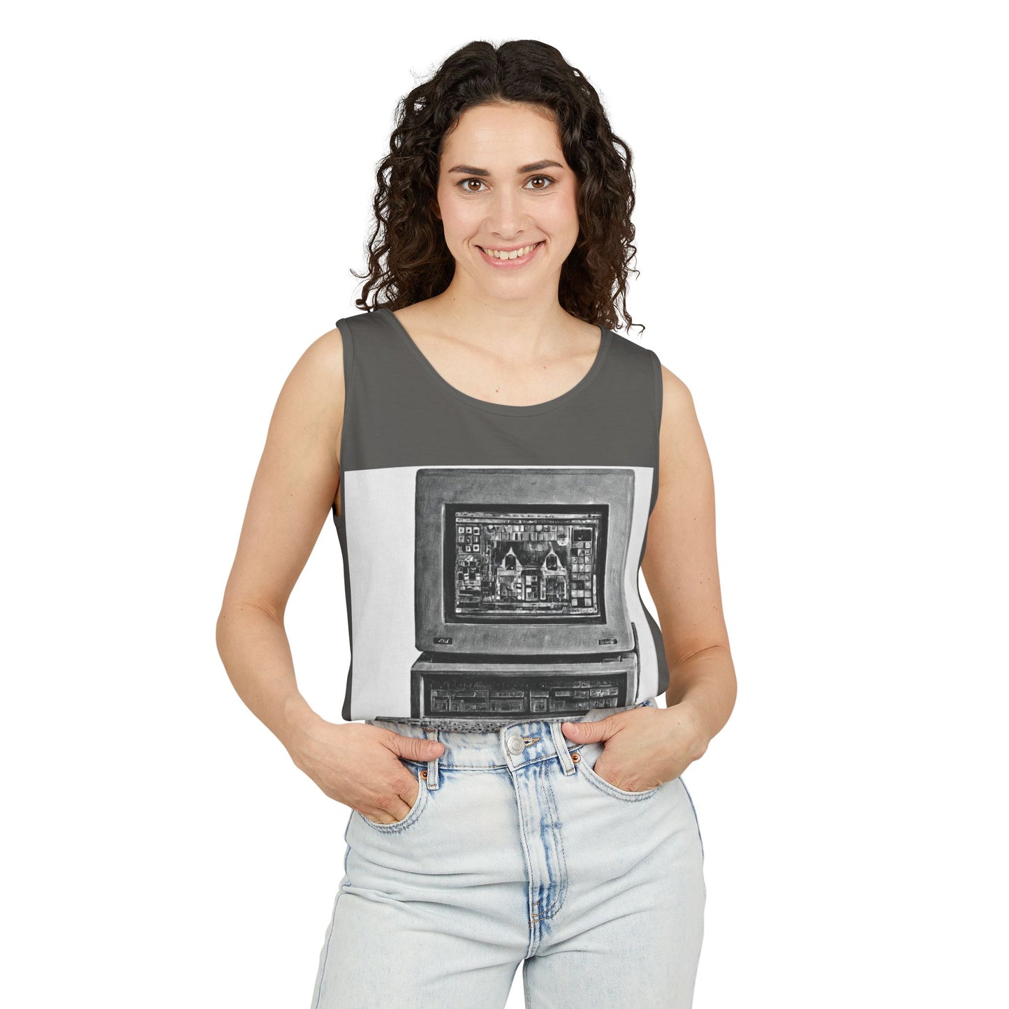Classic business machine inspired Tank Top | Monochrome Art | Unisex Retro Graphic Tee for Tech Lovers, Summer Fashion, Gift for Nerds, Festival Wear, 80s Style