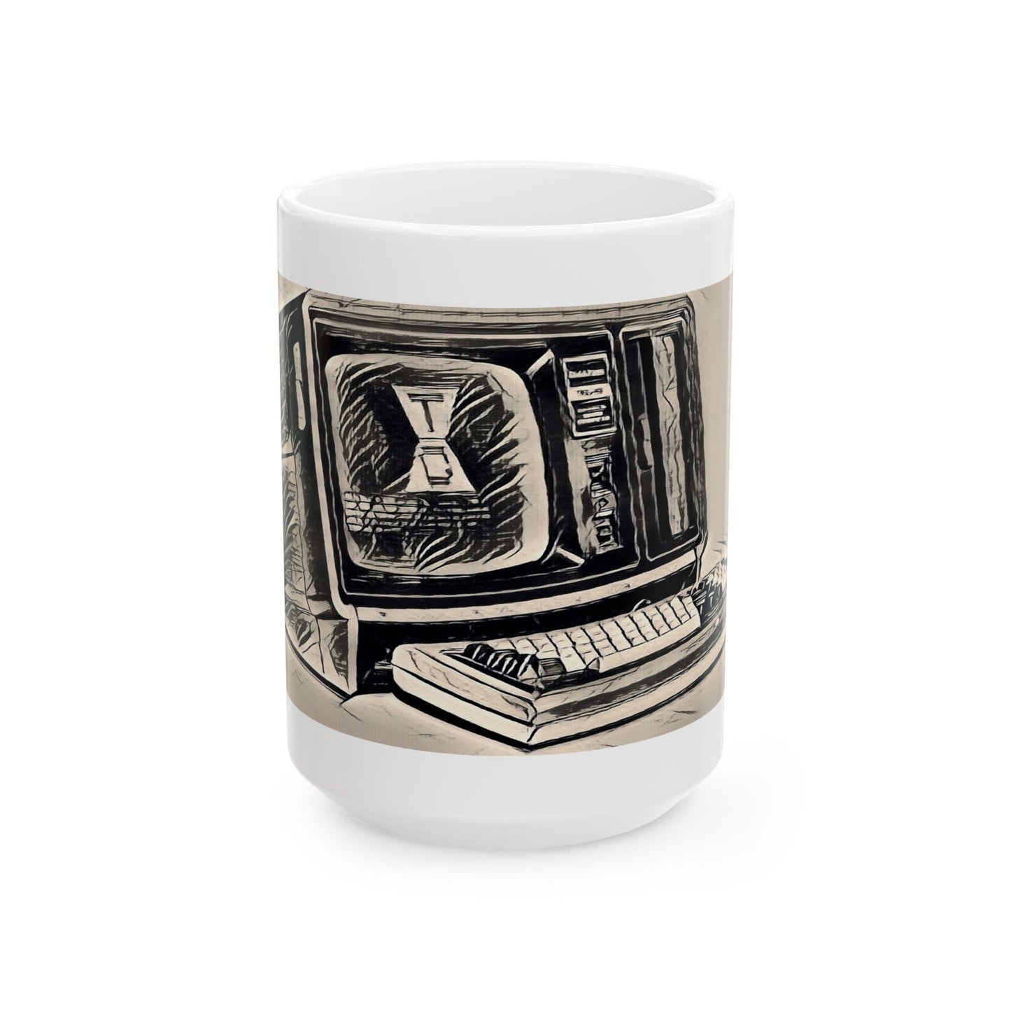 Vintage Computer Ceramic Mug | Classic Business Machine Ink Art Monochrome Design | Perfect for Tech Lovers