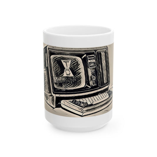 Vintage Computer Ceramic Mug | Classic Business Machine Ink Art Monochrome Design | Perfect for Tech Lovers